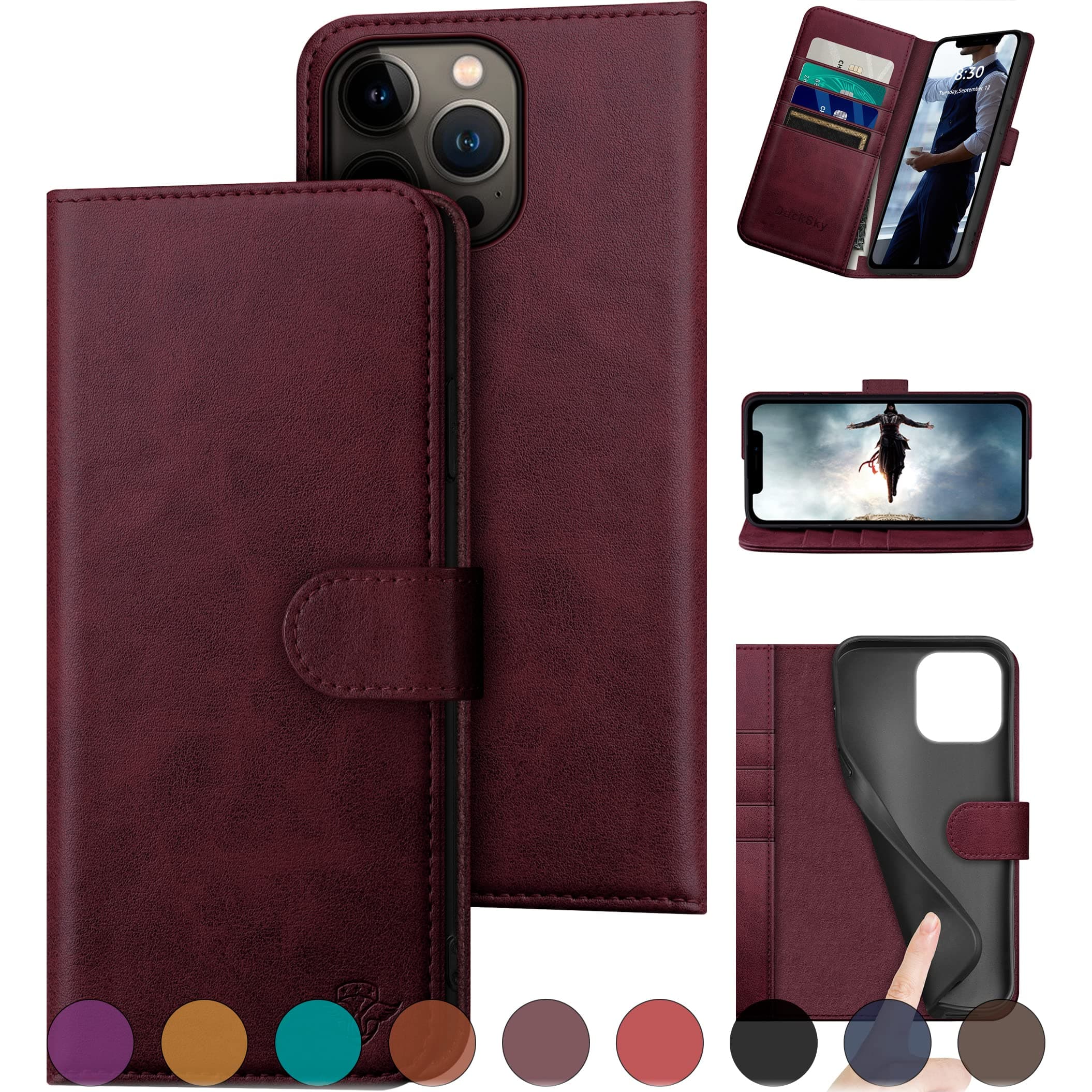 DuckSky for iPhone 15 Pro Max 6.7" Genuine Leather Wallet case 【RFID Blocking】【4 Credit Card Holder】【Real Leather】 Flip Folio Book Phone case Protective Cover Women Men for Apple15ProMax case Wine Red