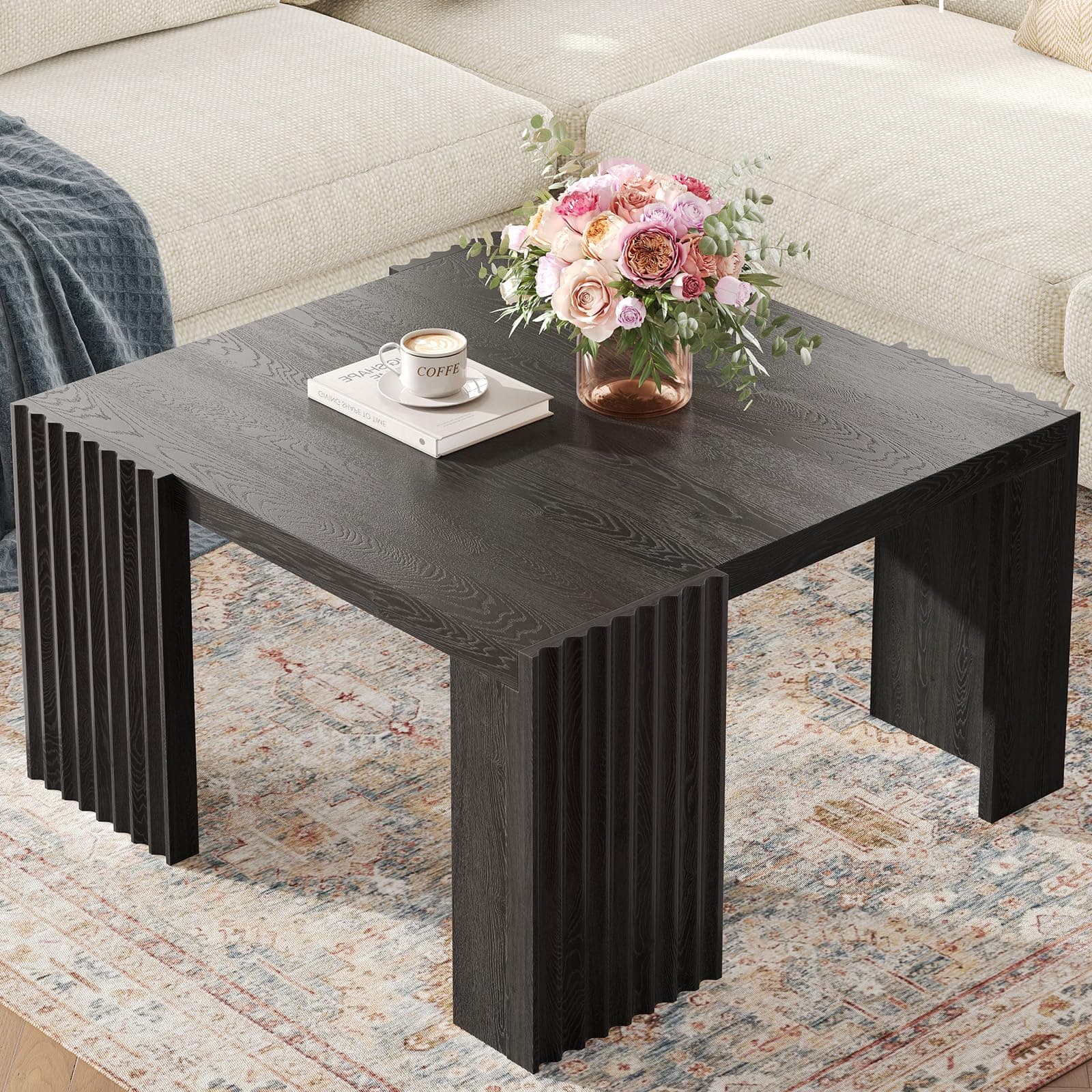 Luoxiao Square Coffee Table, Modern Black Center Tables for Living Room