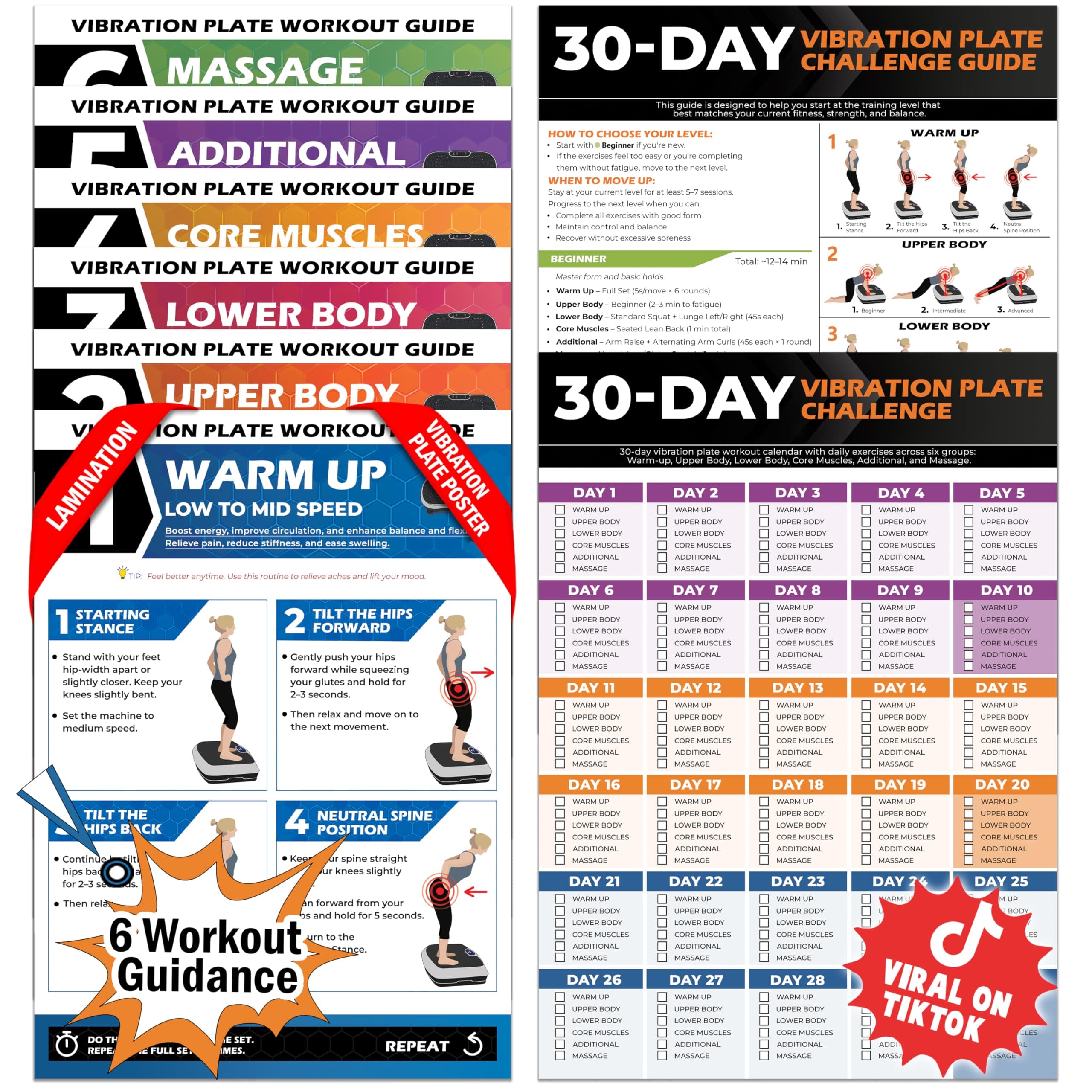 POCAZONE Vibration Plate Workout Poster with 30-Day Plan, Easy Exercises