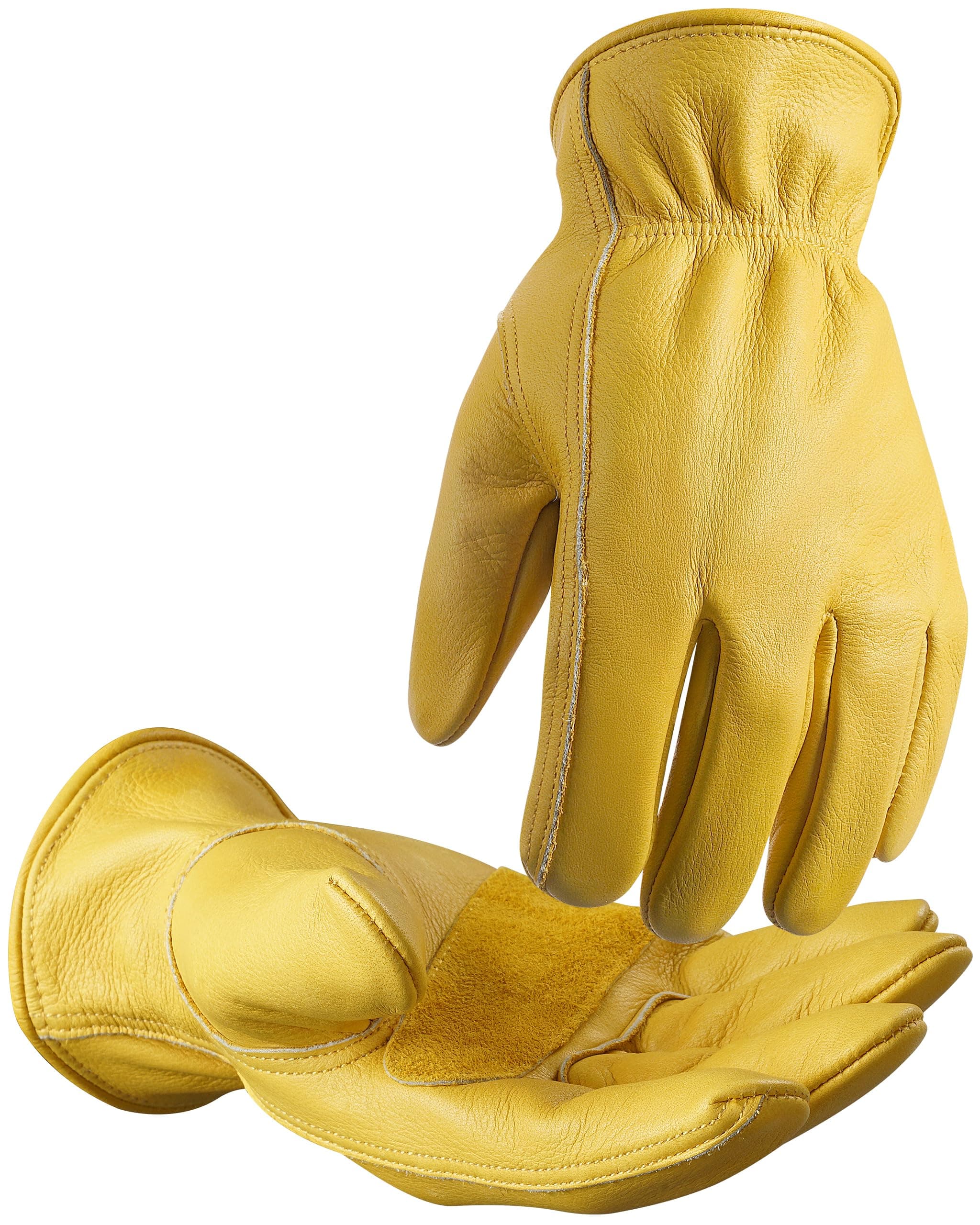 DULFINE Cowhide Leather Gardening Work Gloves for Men 1 Pair Golden L