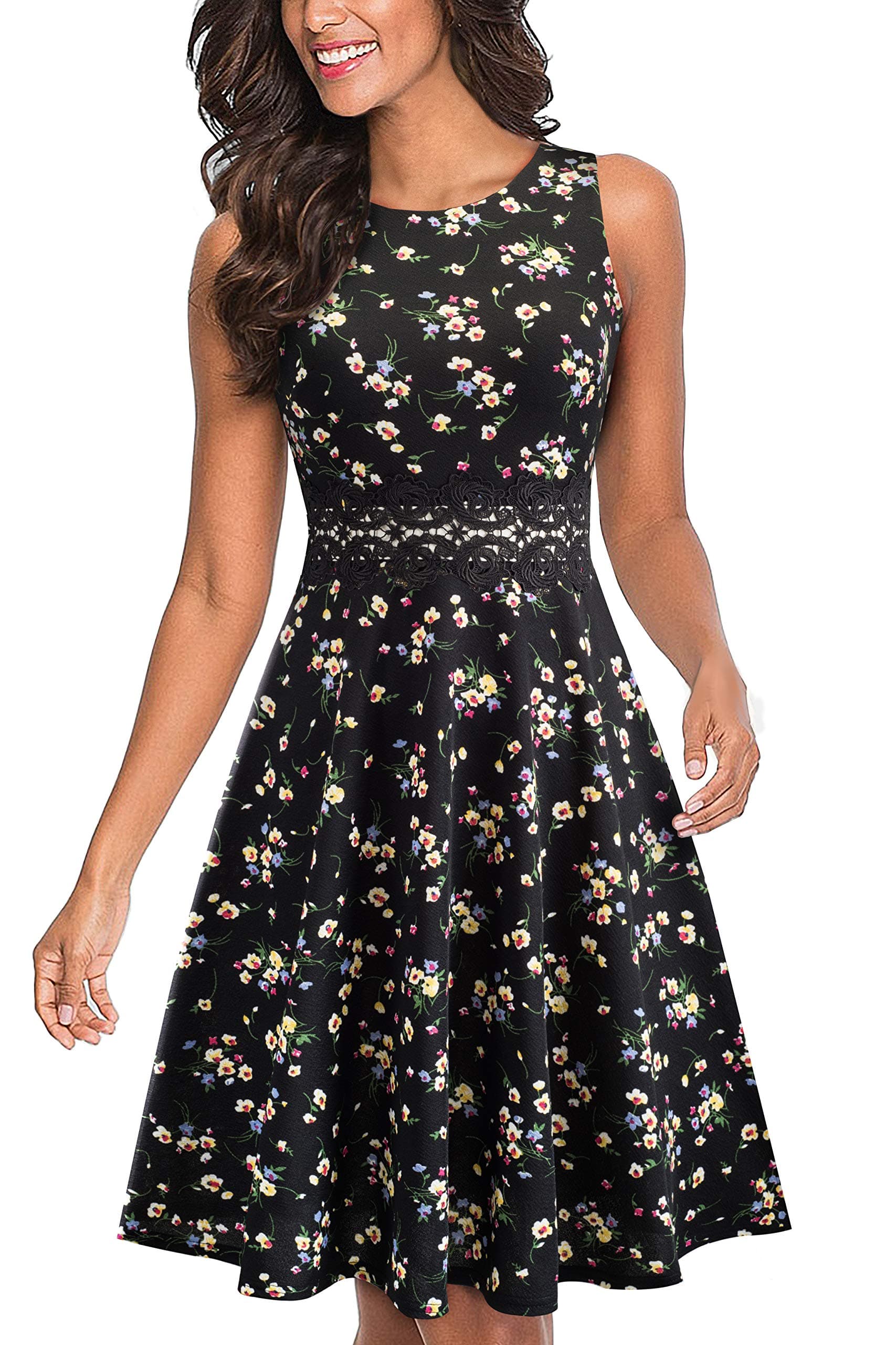 HOMEYEE Women's Vintage Crew Neck Sleeveless Floral Embroidered Cocktail Dress A079 (UK 16 = Size XXL, Black + Yellow Floral)