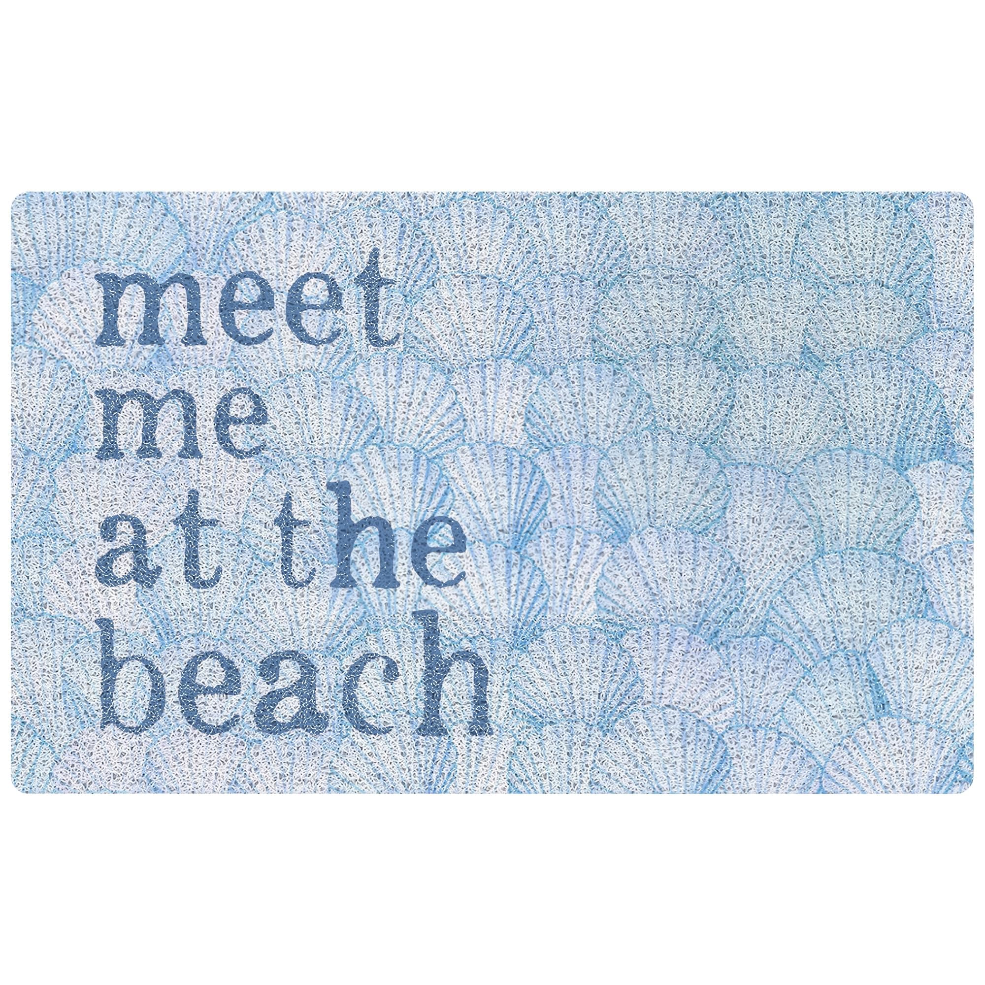 NATSUNO Blue Beach Seashell Door Mat, Meet Me at The Beach Doormat Indoor Outdoor Entrance Porch, Coastal Beachy Welcome Mats for Front Door, Nautical Bathmat for Bathroom, 17x30 Inches