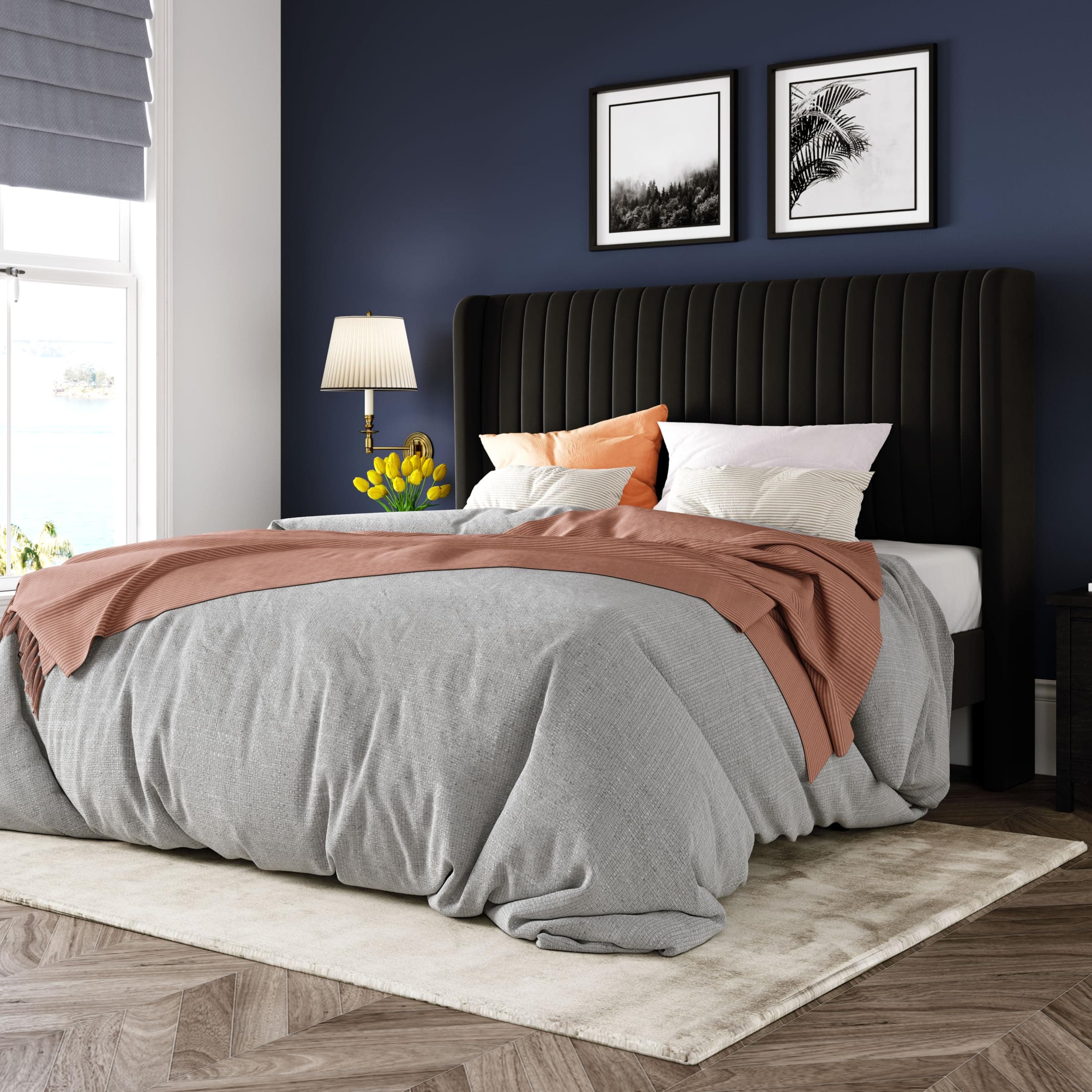 Allewie Full Size Velvet Bed Frame/Vertical Channel Tufted Wingback Headboard/Upholstered Platform Bed/Strong Wooden Slats/No Box Spring Needed/Easy Assembly/Black