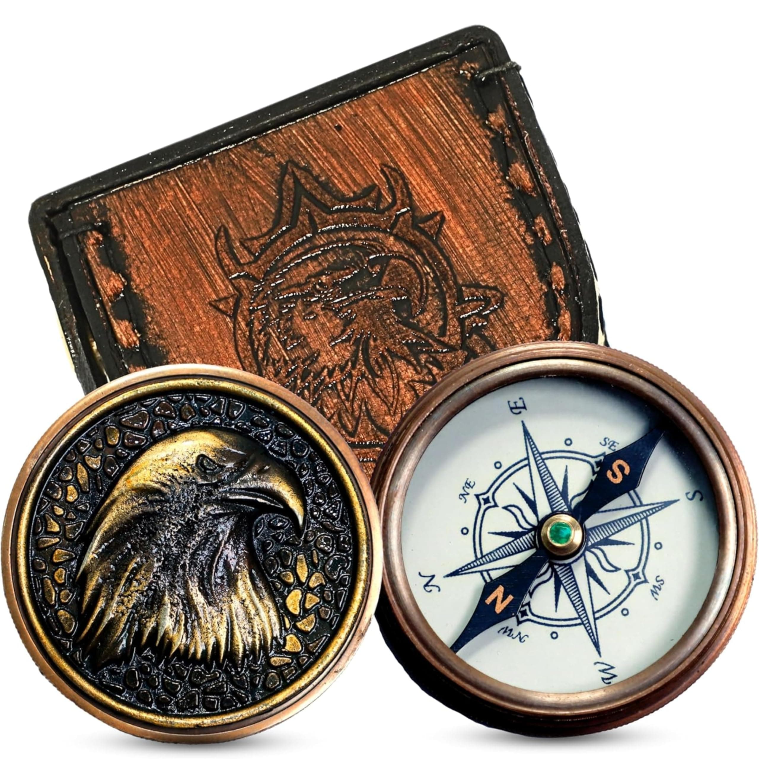 Vintage Brass Pocket Compass with Leather Case, Eagle Head Engraved Lid, Antique Style Magnetic Compass for Desk Décor, Collection & Gifting