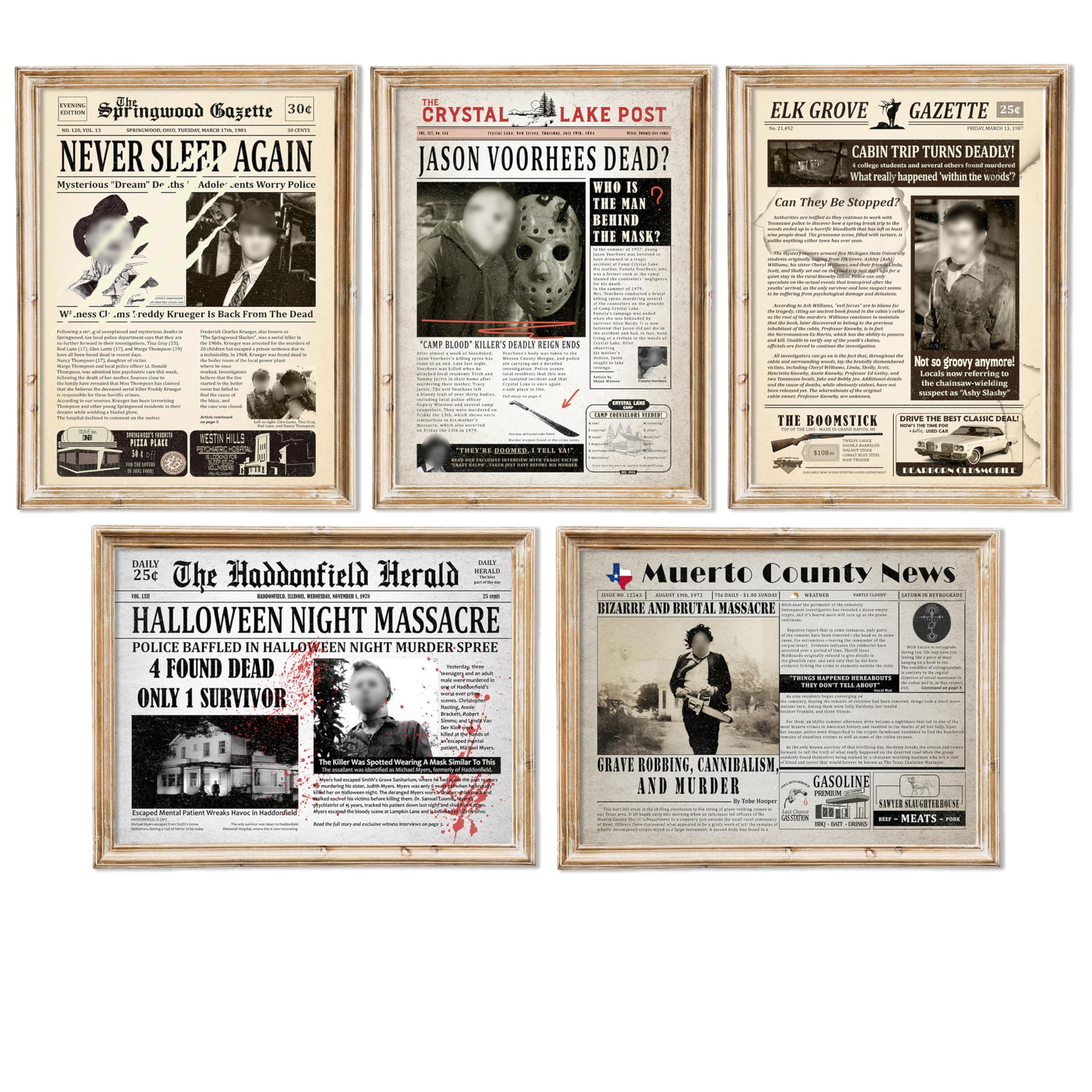 Vintage Movie Horror Posters, Halloween Wall Art Bedroom Decor, 11x14 In Scary Newspaper 5 Serial Killers Story Prints, Retro Theater Massacre Poster Gifts Men or Women Room Decoration Party Supplies