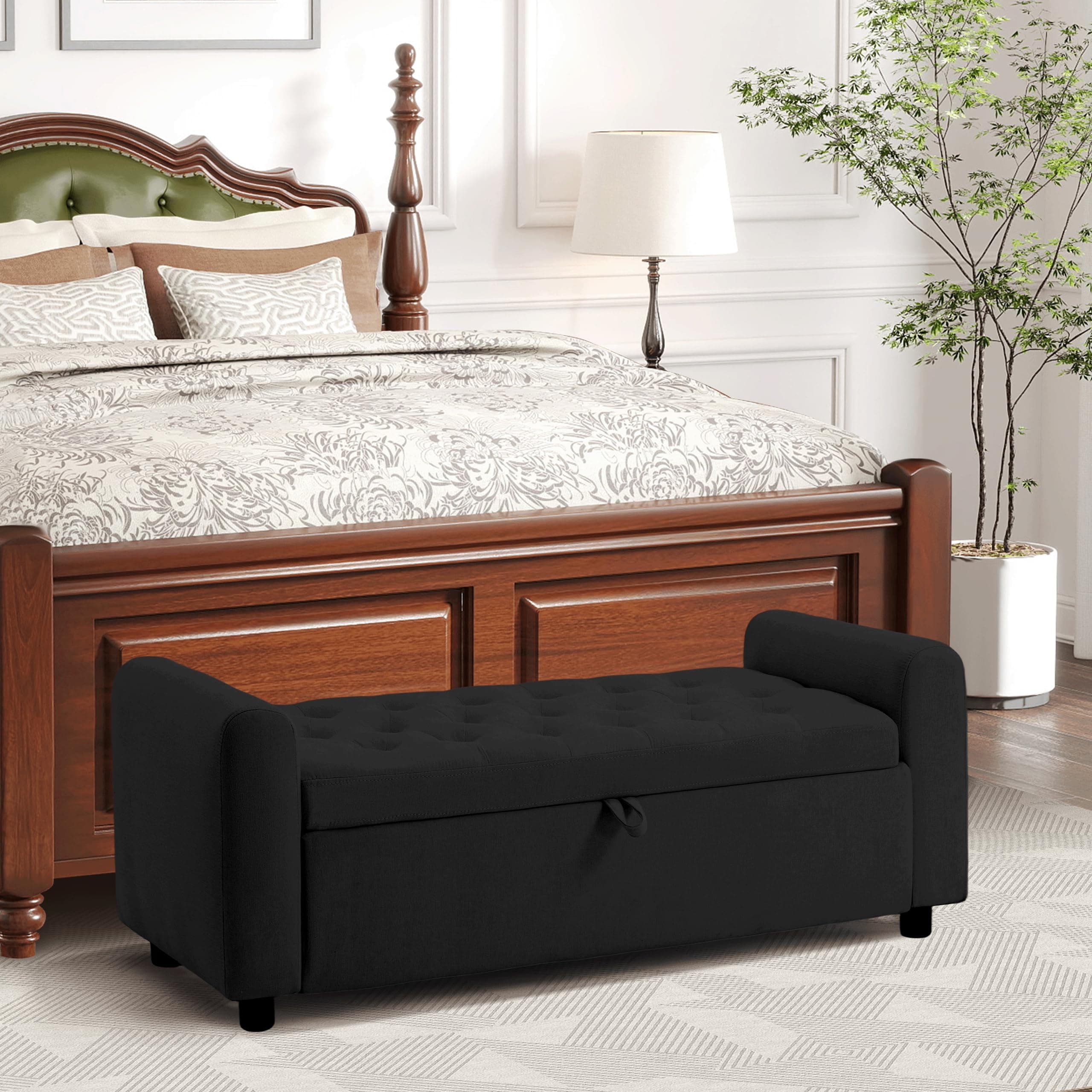 Ottoman with Storage, Tufted Storage Bench for Bedroom, 48" Fabrics End of Bed Bench, Upholstered Entryway Shoe Benches with Rolled Arm & Inner Zipper, Window Ottomans Chest without Rivets, Black