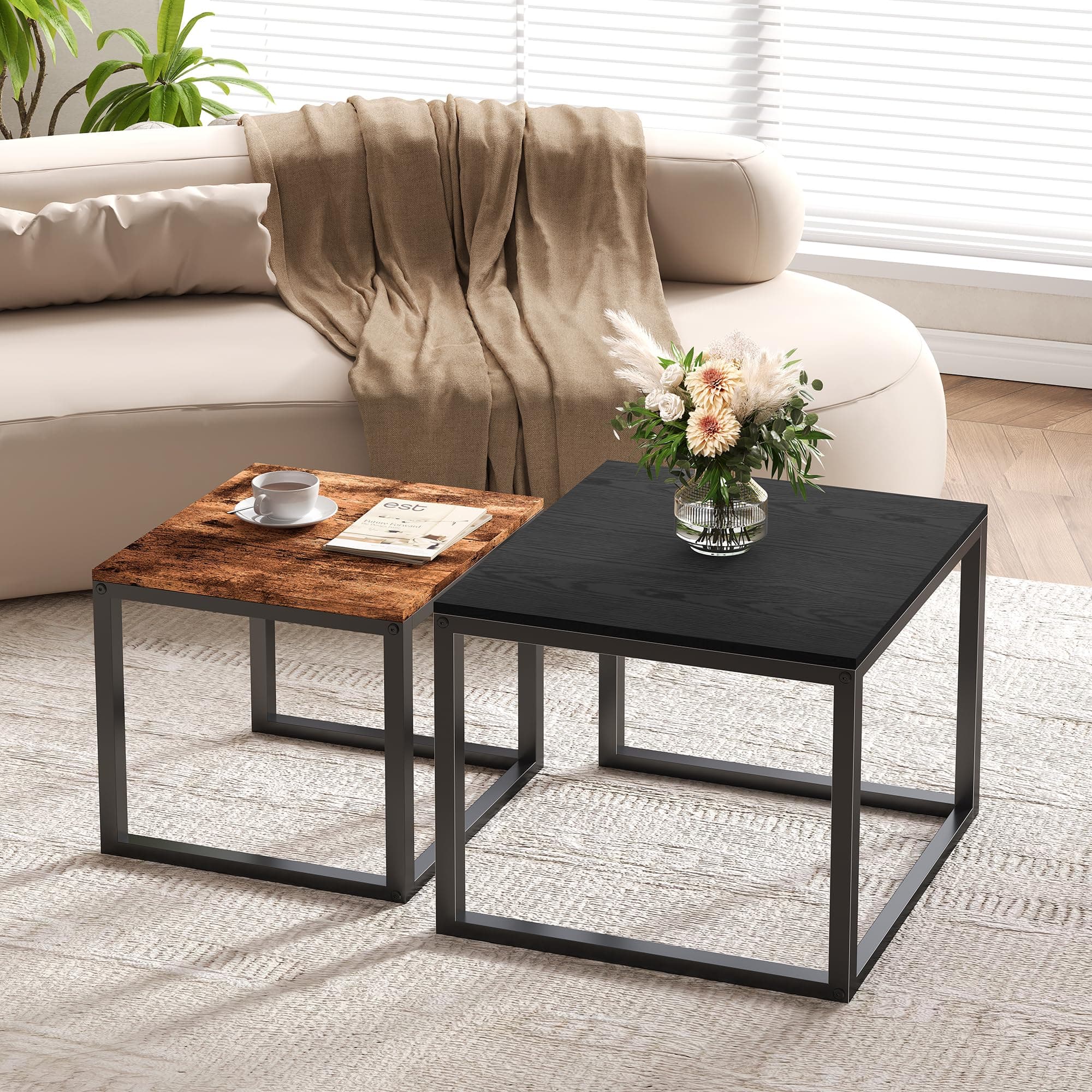 Nesting Coffee Table Set of 2 End Tables for Living Room,Stacking Side Tables,Wooden Farmhouse Nesting Tables Set for Small Spaces,Bedroom,Home Office,Rustic Brown
