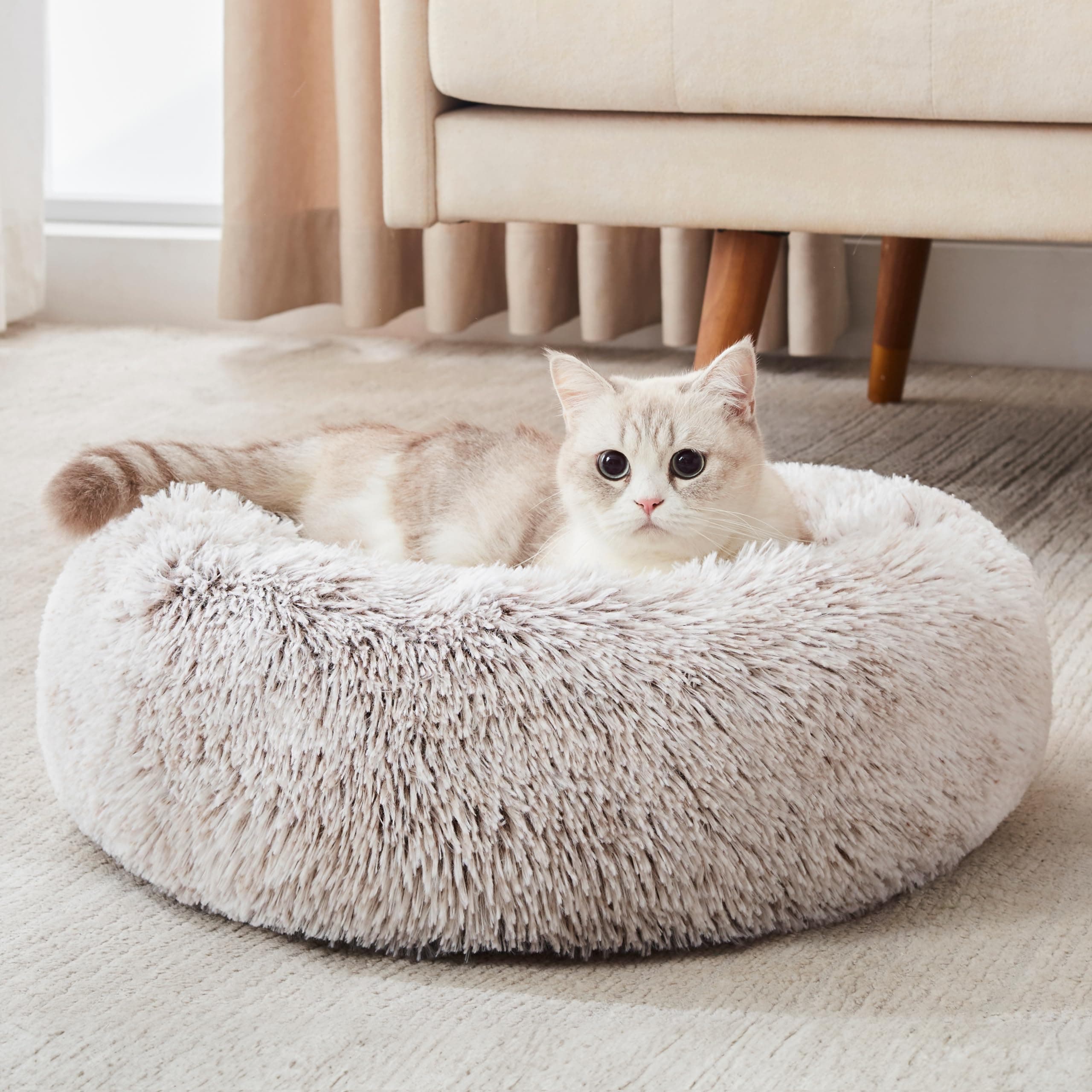 Calming Dog Bed & Cat Bed, Anti-Anxiety Donut Dog Cuddler Bed, Warming Cozy Soft Dog Round Bed, Fluffy Faux Fur Plush Dog Cat Cushion Bed for Small Medium Dogs and Cats (20"/24"/27"/30")