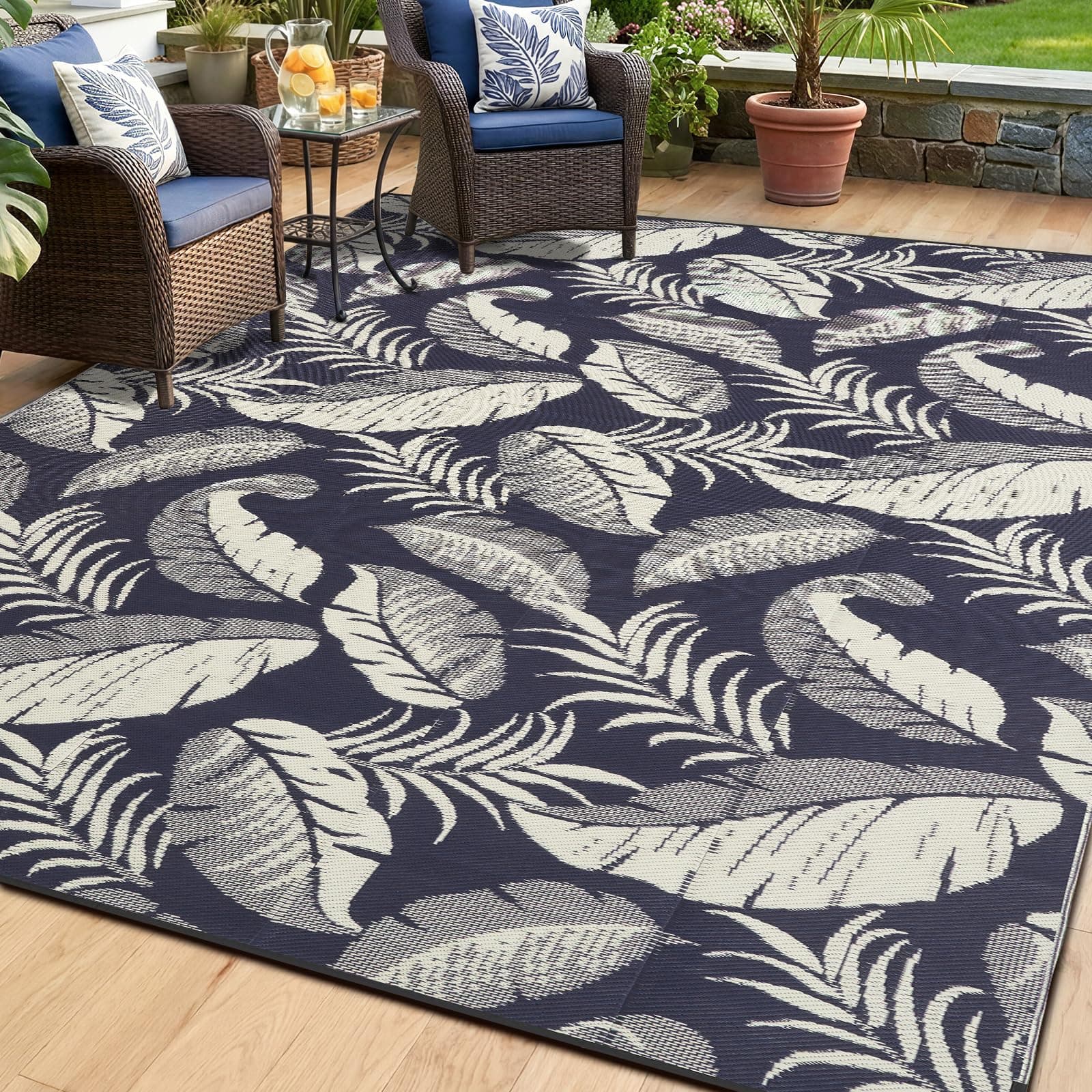 OPPODREAM Reversible Outdoor Rug 6x9, Waterproof Outdoor Plastic Straw Rug for Patio, Tropical Leaf Spring Camping Rugs for Outside, Deck, Backyard, Camping, Balcony, Porch, Rv, Navy and Beige