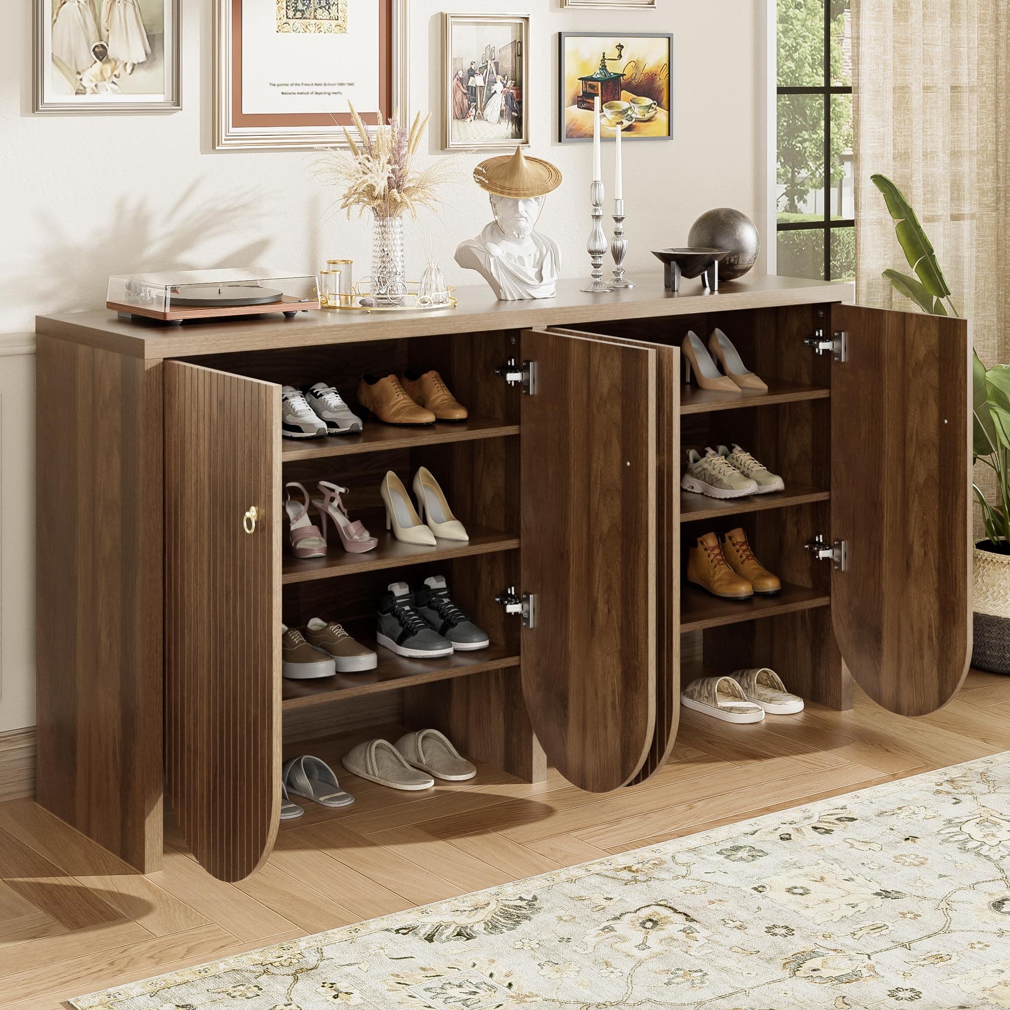 Chic Walnut Sideboard Buffet, 57.8×15.7×31.5 Inch 4-Door Storage Cabinet with Adjustable Shelves & Metal Handles, Multifunctional Credenza for Dining Room, Living Room, Entryway