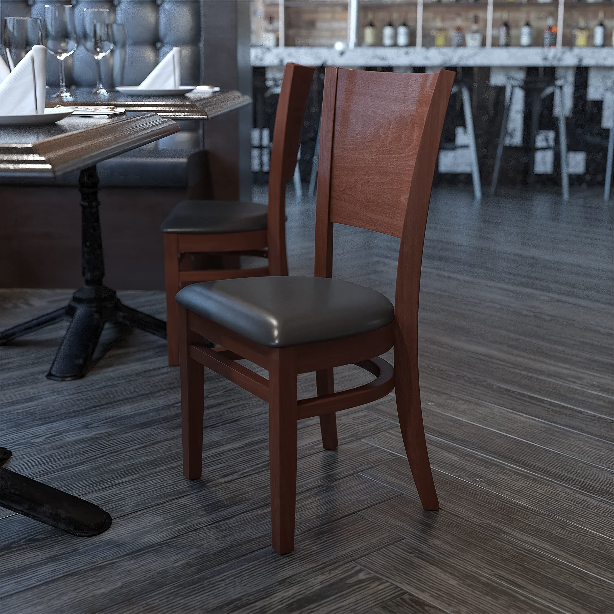 Flash Furniture Lacey Series Solid Back Walnut Wooden Restaurant Chair with Black Vinyl Seat