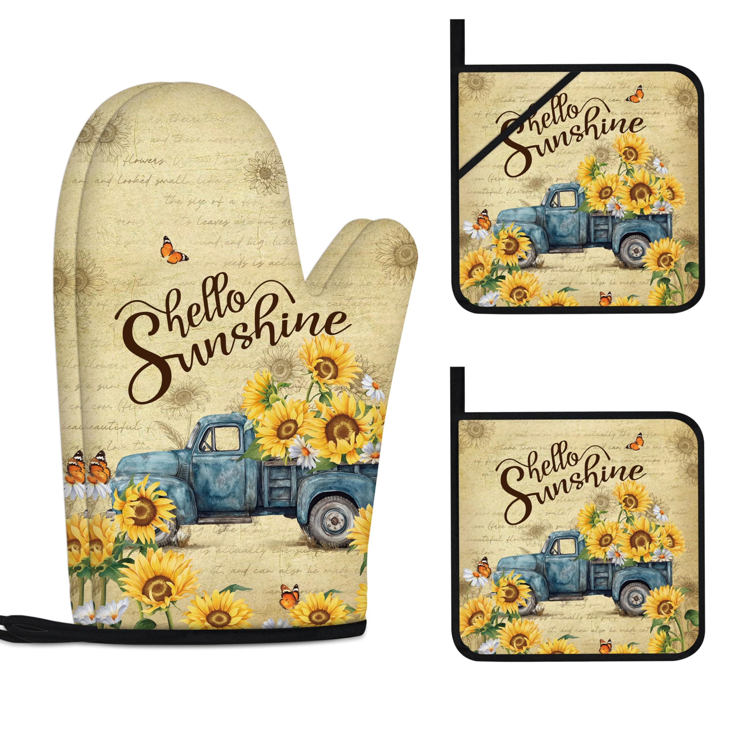 Sunflower Oven Mitts and Pot Holders Sets Vintage Floral Oven Gloves Heat Resistant 4 Pcs Farmhouse Decorative Kitchen Hot Pads and Mitts for Baking Cooking Grilling