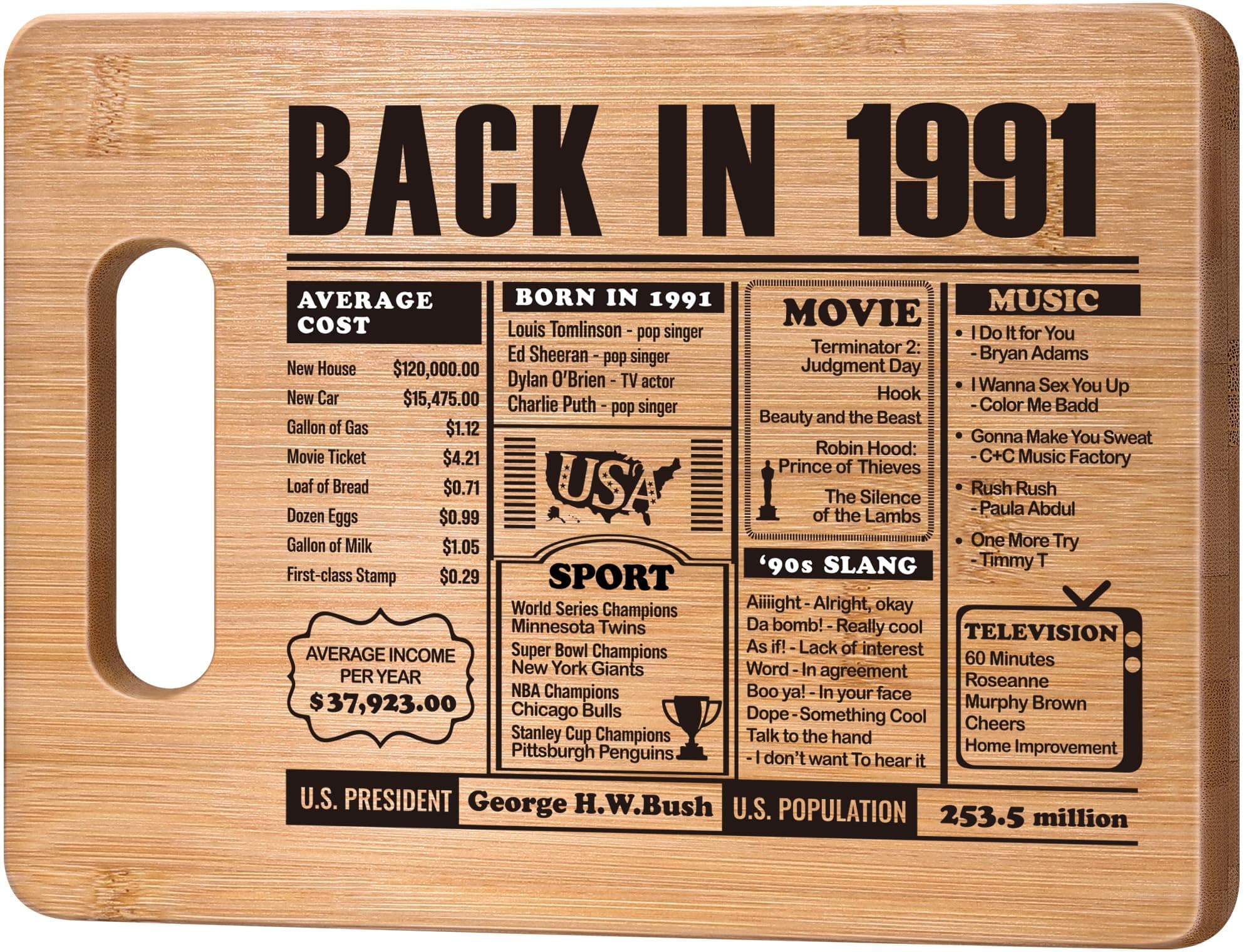 35th Birthday Gifts for Him Her,35 Year Old Birthday Gifts for Women Men,35 Years Gifts for Mom Dad Sister Girls Wedding Anniversary,Back In 1991 Birthday Decorations Engraved Bamboo Cutting Board