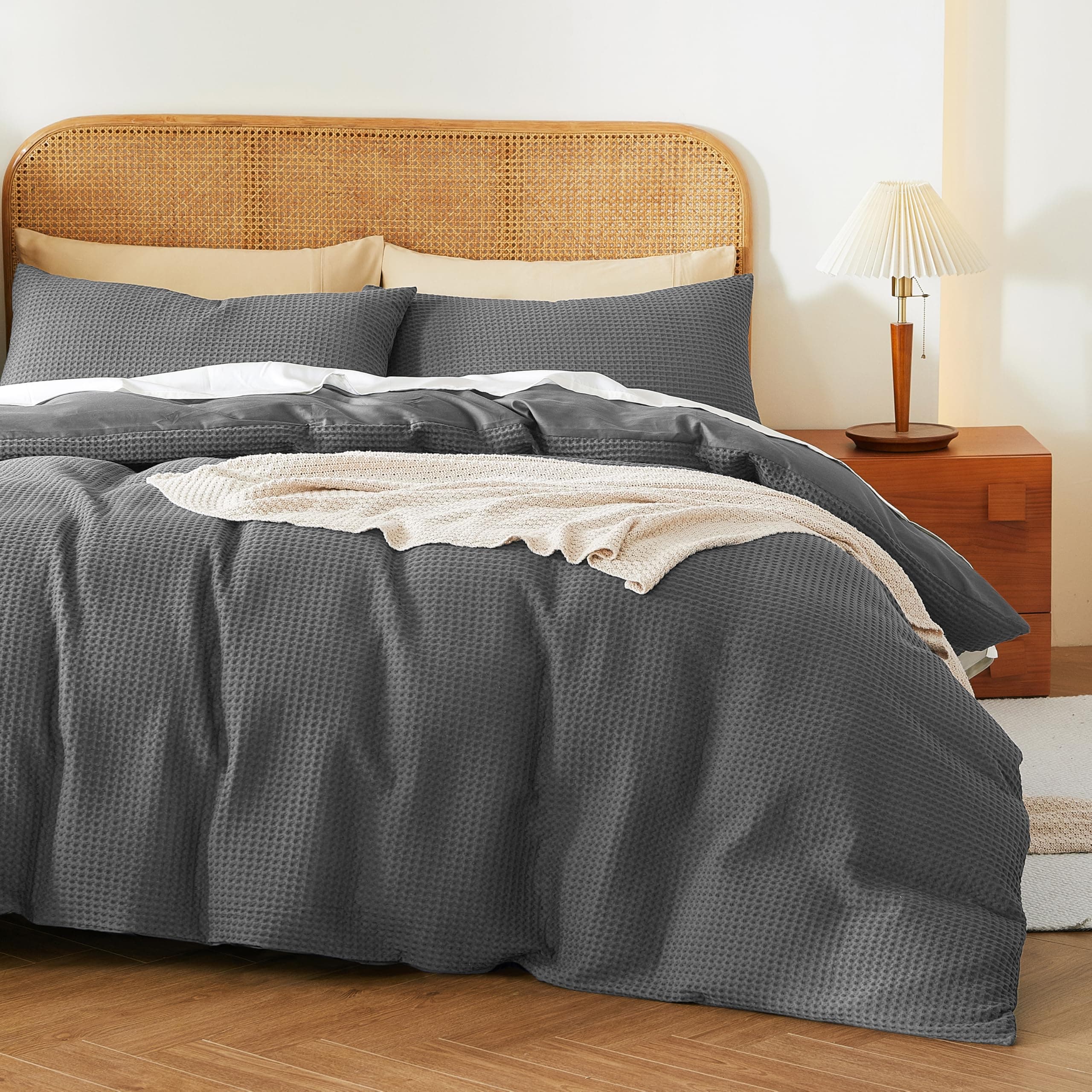 100% Egyptian Cotton Duvet Cover Set King Size, Waffle Weave Duvet Cover, 600 TC Soft Breathable Luxury Textured Bedding Set for All Season, 3 PCS, 1 Duvet Cover and 2 Pillowcases, Dark Grey, 104"x90"