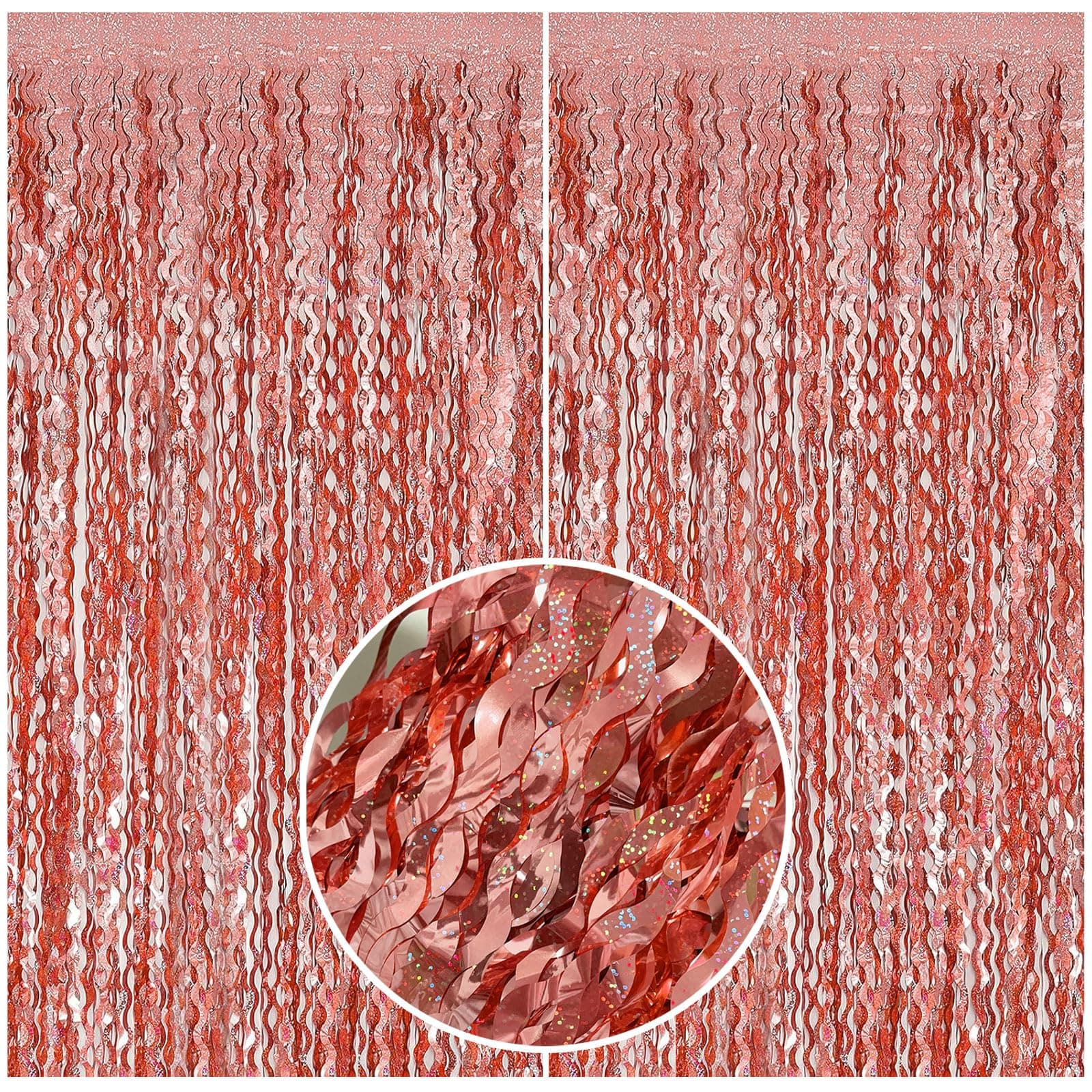 Rose Gold Tinsel Foil Fringe Curtains Wavy Backdrop for Parties Sparkle Metallic Wavy Foil Fringe Backdrop Curtain Photo Booth Props Birthday Graduation Wedding Bachelorette Party Decorations