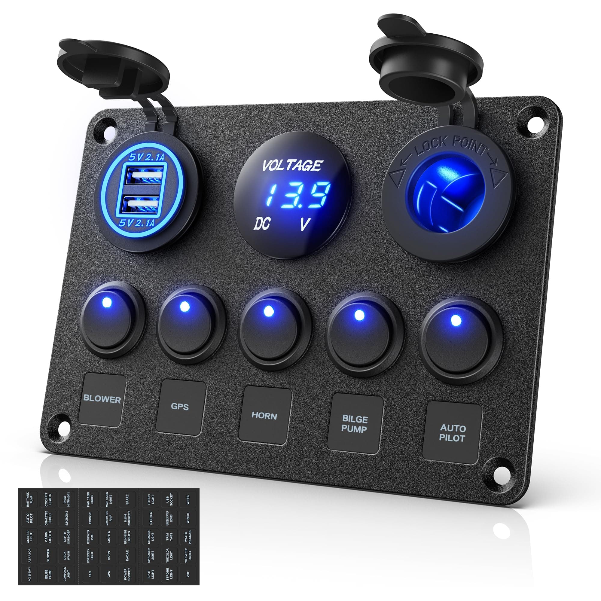 MICTUNING 5 Gang Rocker Switch Panel with LED Light 12V-24V Toggle Switch Panel with Dual Charger Digital Voltmeter Cigarette Lighter Socket for Car Truck Boat