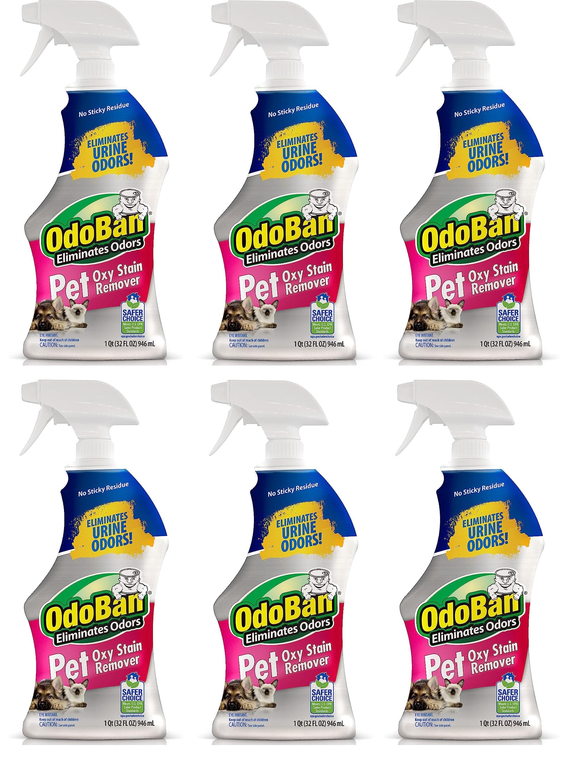 OdoBan Pet Solutions Oxy Stain Remover, Pet Stain Eliminator, 6-Pack, 32 Ounce Spray Each