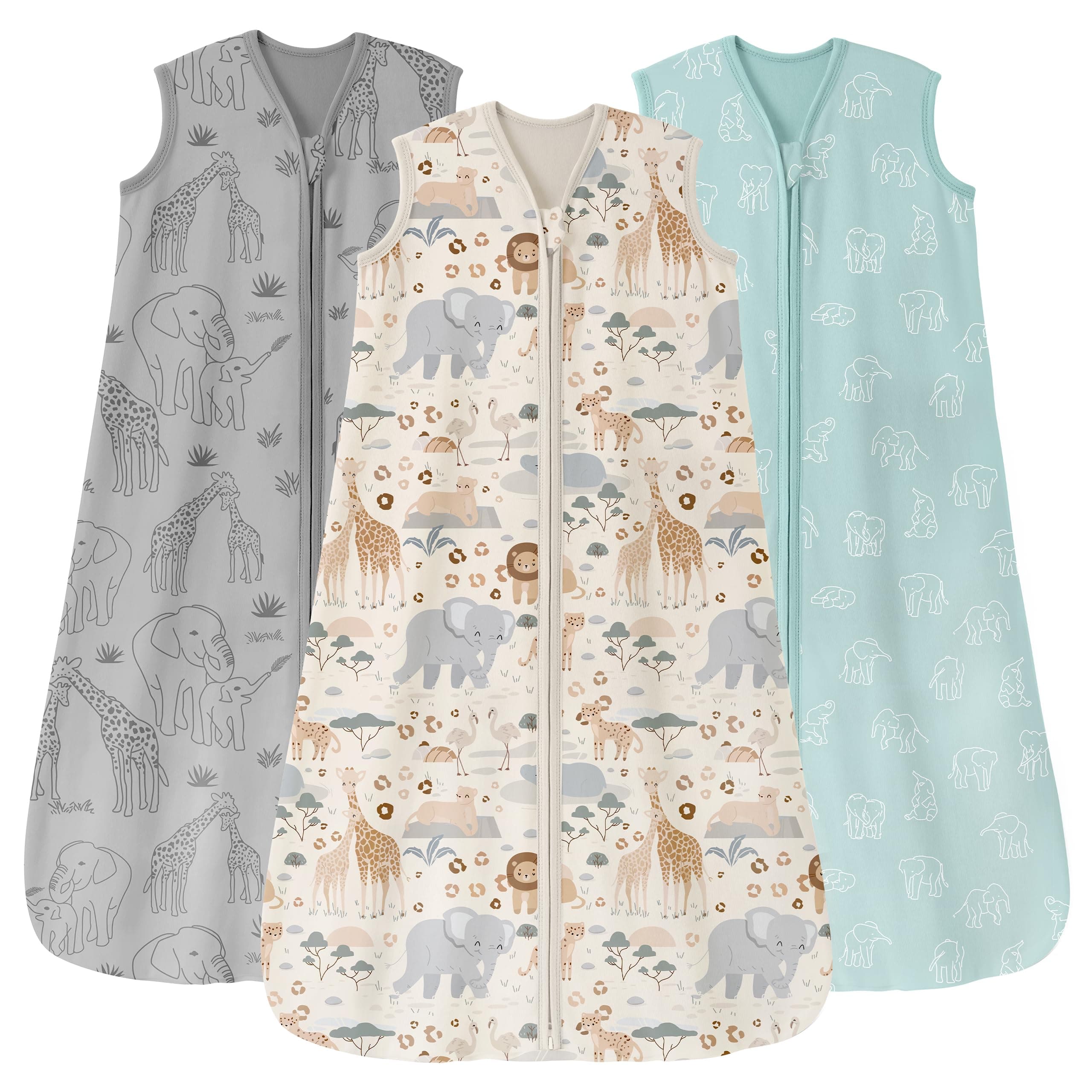 Unnivoll Baby Sleep Sack 12-18 Months 3 Pack 100% Cotton Lightweight 0.5 TOG Wearable Blanket Baby Sleep Bag with 2-Way Zipper for Newborn Infant Apricot Gray Green Elephant