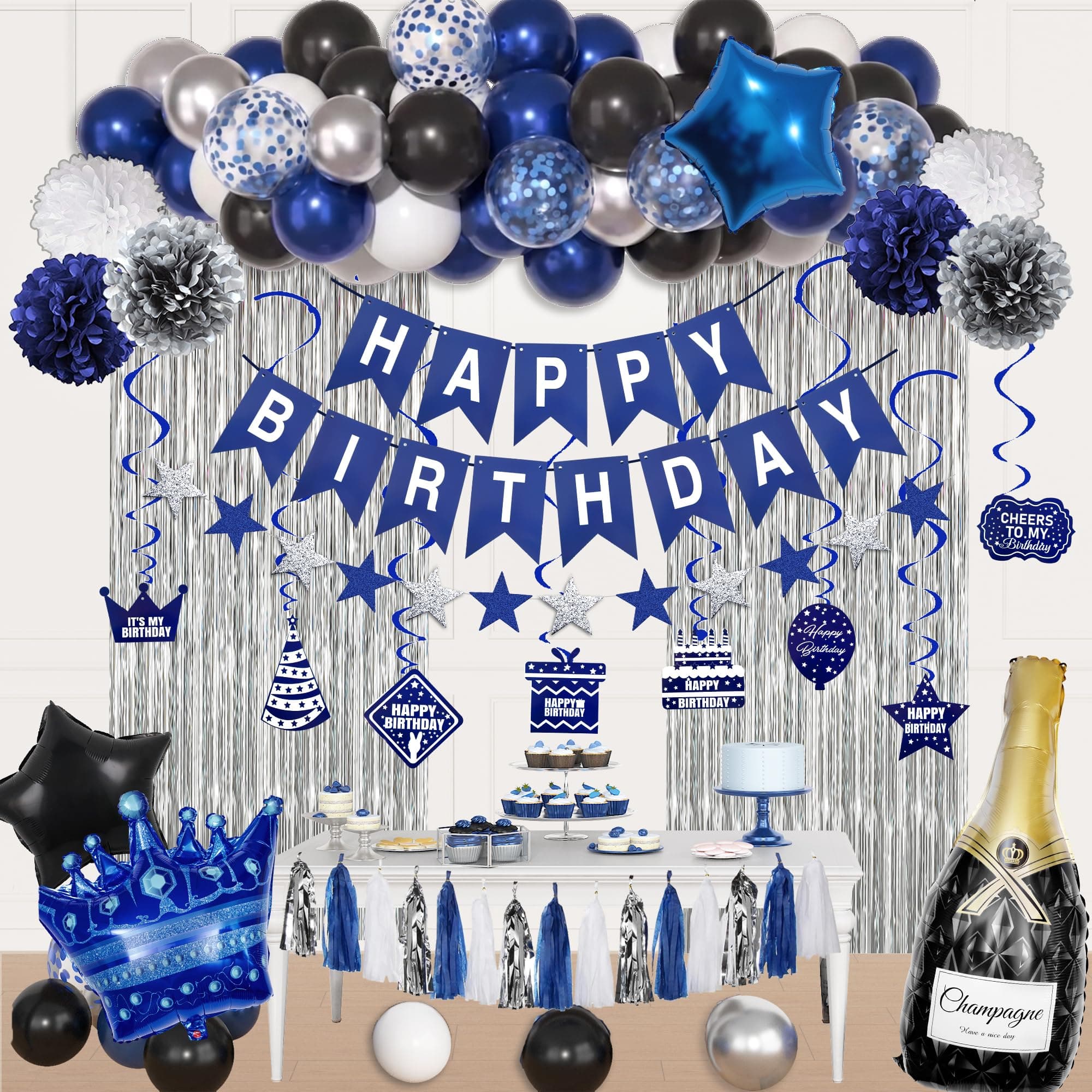 Blue Birthday Party Decorations for Men Boys with Foil Balloons