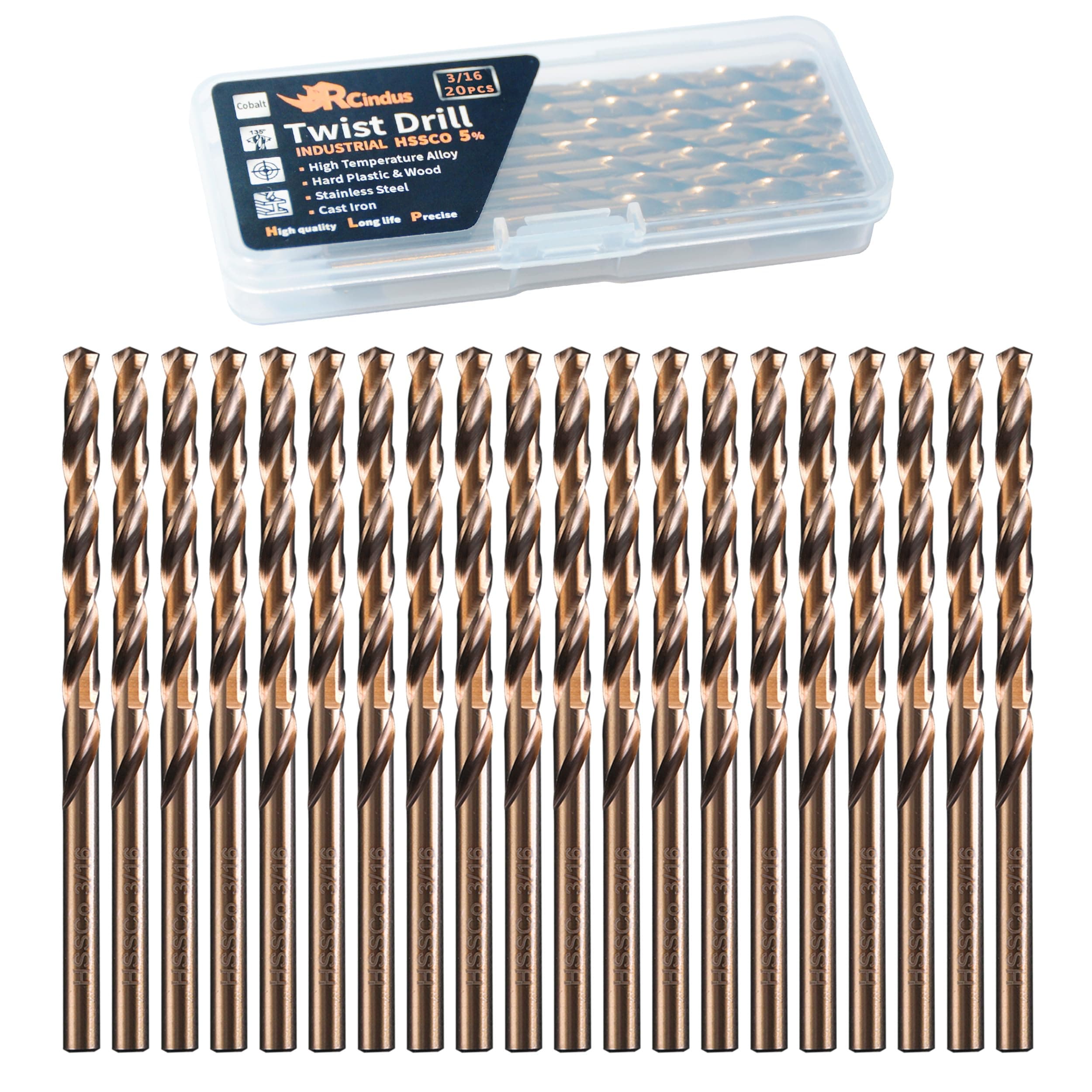 RCINDUS (20PCS) 3/16" Cobalt Drill Bit, HSS M35 Metal Drill Bits for Steel, Stainless Steel, Cast Iron, Hard Plastic and Wood