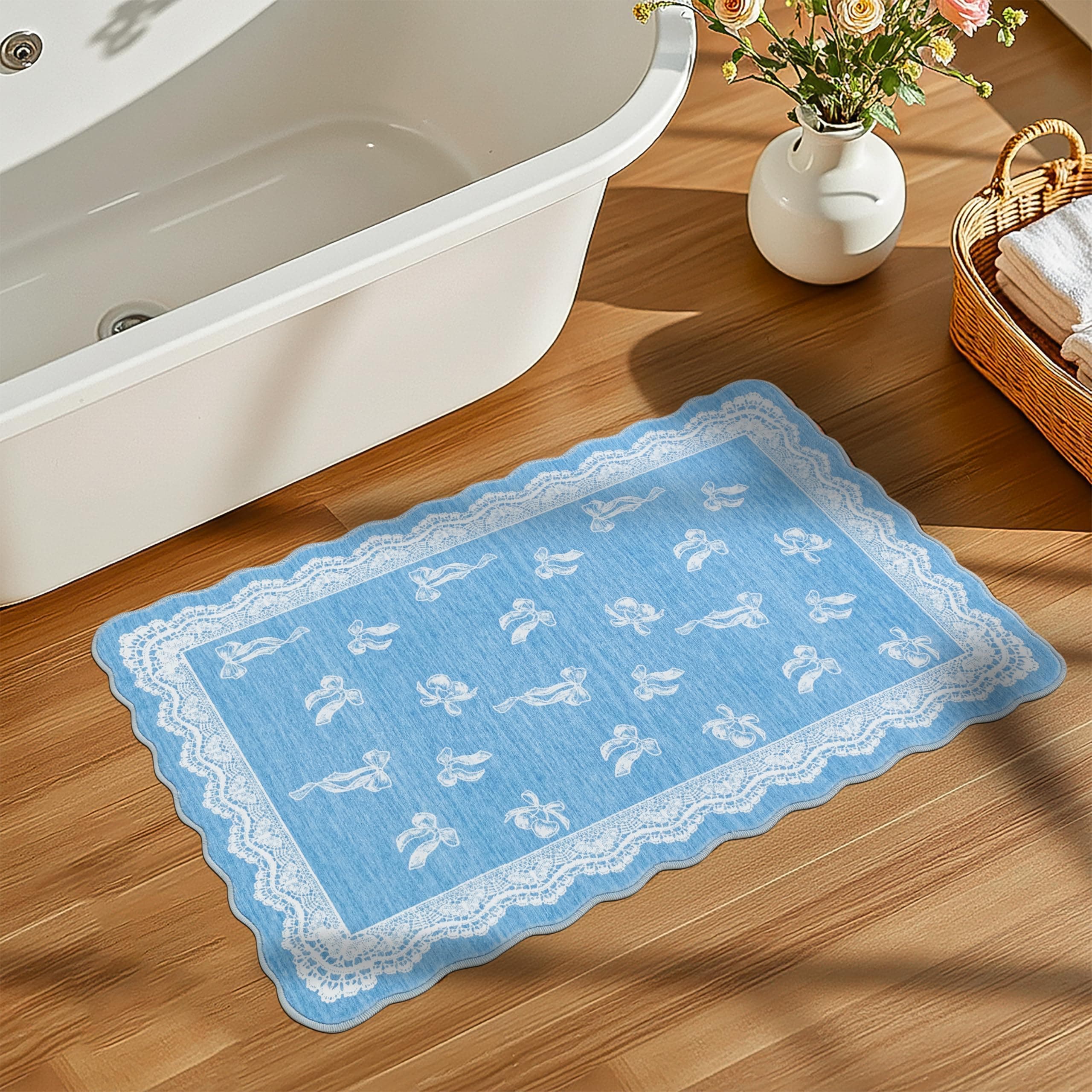 ORTIGIA Washable Scalloped Entry Rug 2x3, Non-Slip Low Pile Blue Bathroom Mat, Lace Bow Cherry Door Mat for Entryway Dorm Nursery Hallway Indoor