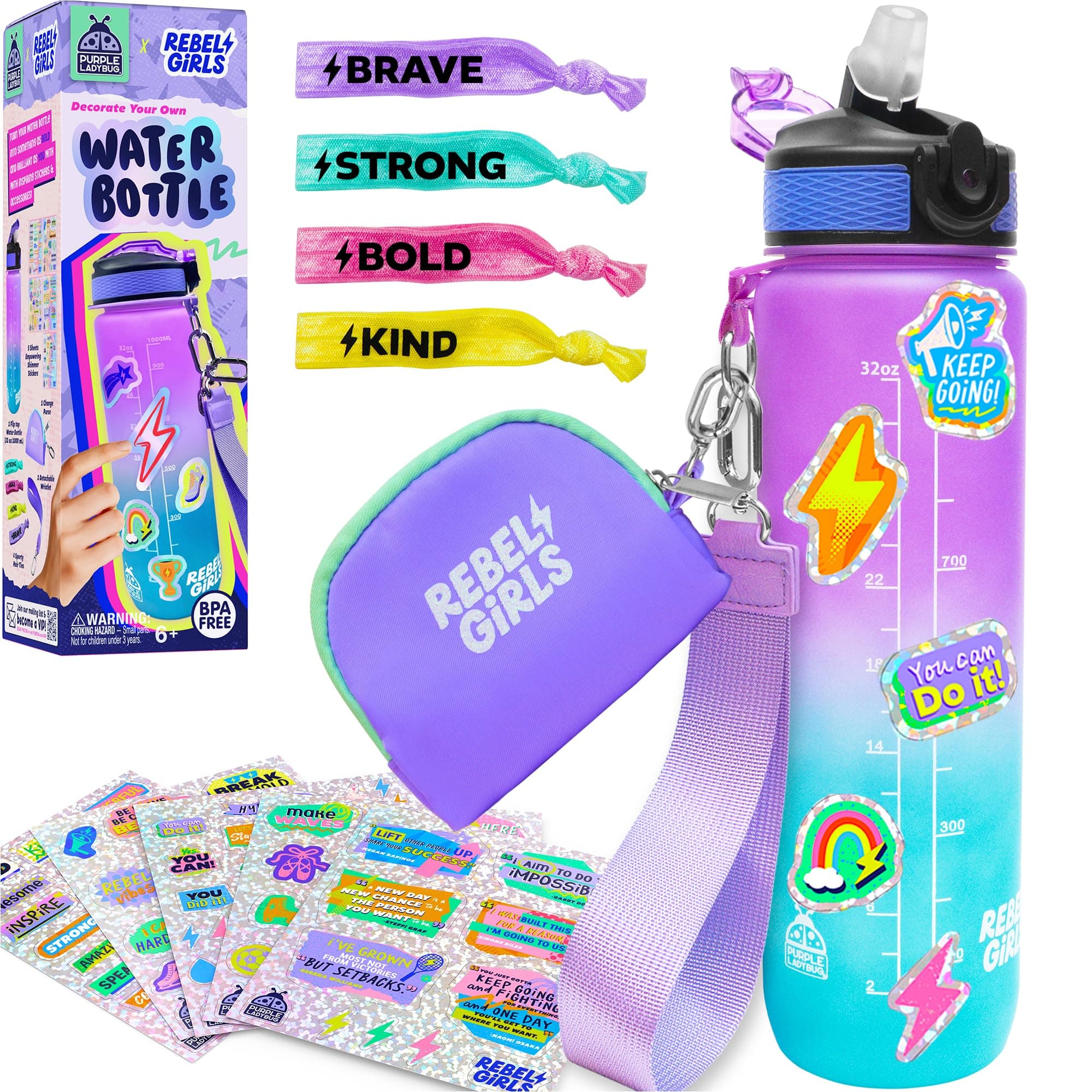 Rebel Girl Decorate Your Own Water Bottle Set - Birthday Girls Gifts 8-12 Years Old - School Sports Motivational Water Bottle, Tween Girl Gift for 9 10 11 - Crafts for Kids Age 6-8 Girls Water Tumbler