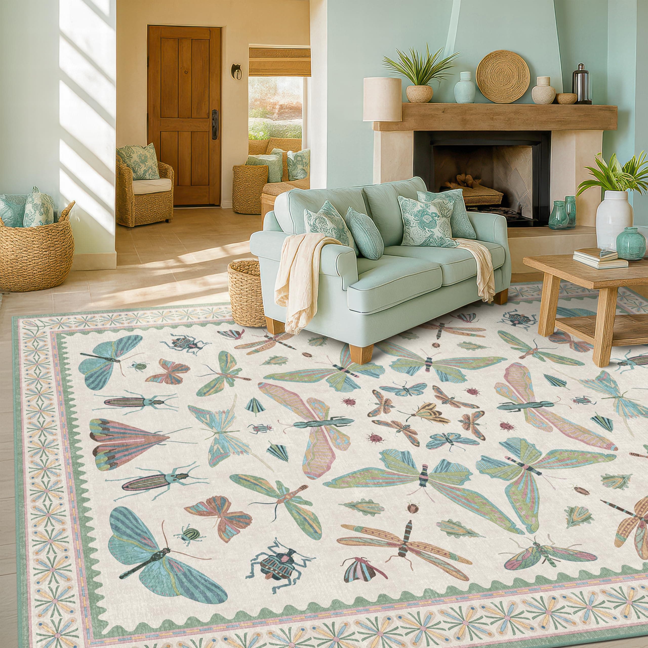 Hazo Haus Sage Green Rugs for Bedroom Under Bed - 6x9 Area Rug for Living Room, Dining Room, Kids Playroom, Fun Insect Cute Décor,Ultra Soft Non Slip Stain Resistant