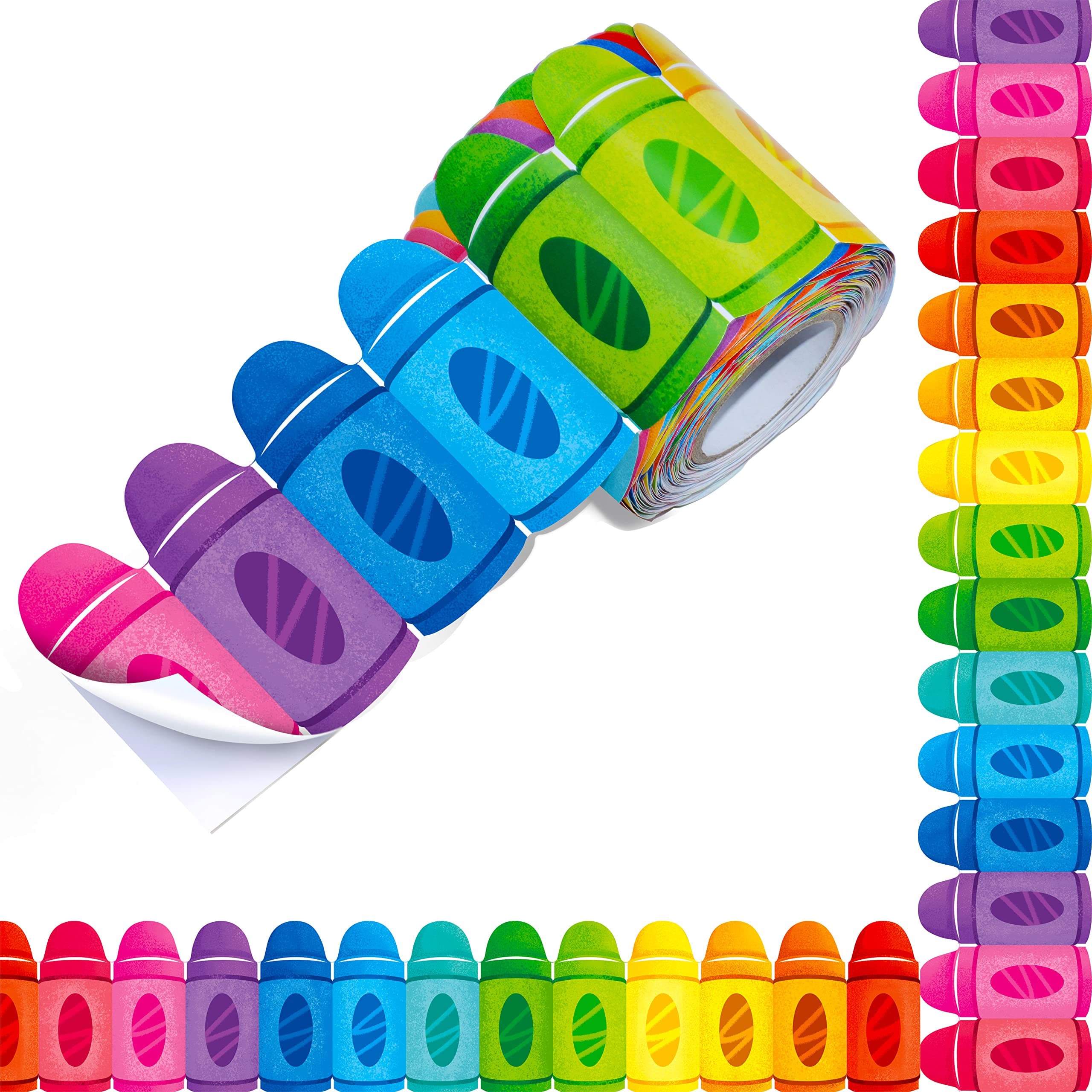 60 Feet Bulletin Board Borders, Self Adhesive Crayon Die-Cut Rolled Border Trim Colorful Decoration with Strong & Permanent Adhesive for School, Classroom Offices Wall, Desks, Windows, Doors