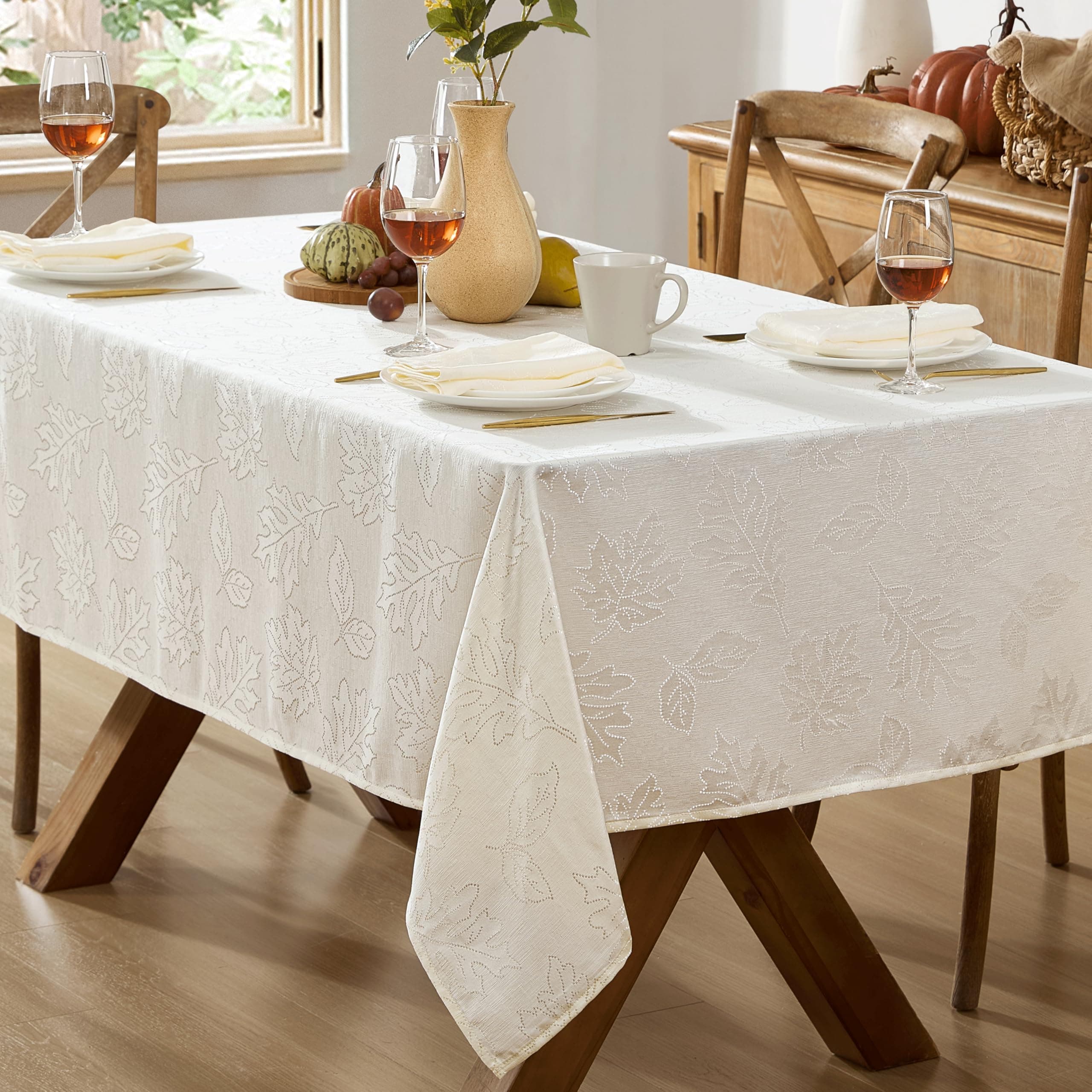 Newbridge Ivory Fancy Leaves Damask Fabric Tablecloth for Thanksgiving, Fall & Autumn Holiday, 60 x 120 Inch Rectangle, No Iron Soil Resistant Dining Room, Party and Banquet Table Cover