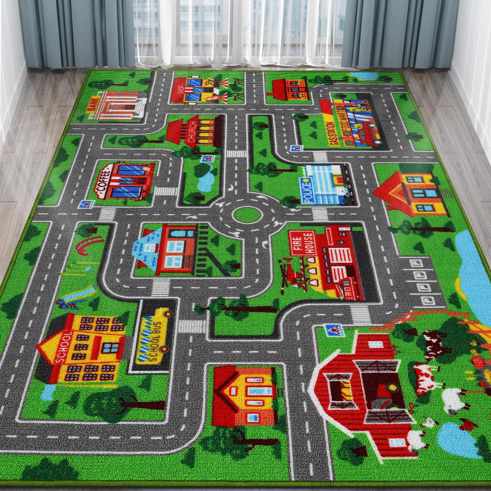 Mfmiudole Kids Carpet Car Play Rug, 7'X5' Non-Slip Kids Rug for Playroom, Town City Road Map Rug, Extra Large Boys Children Car Track Carpet for Playroom, Bedroom, Living Room (Green, 200X150 CM)