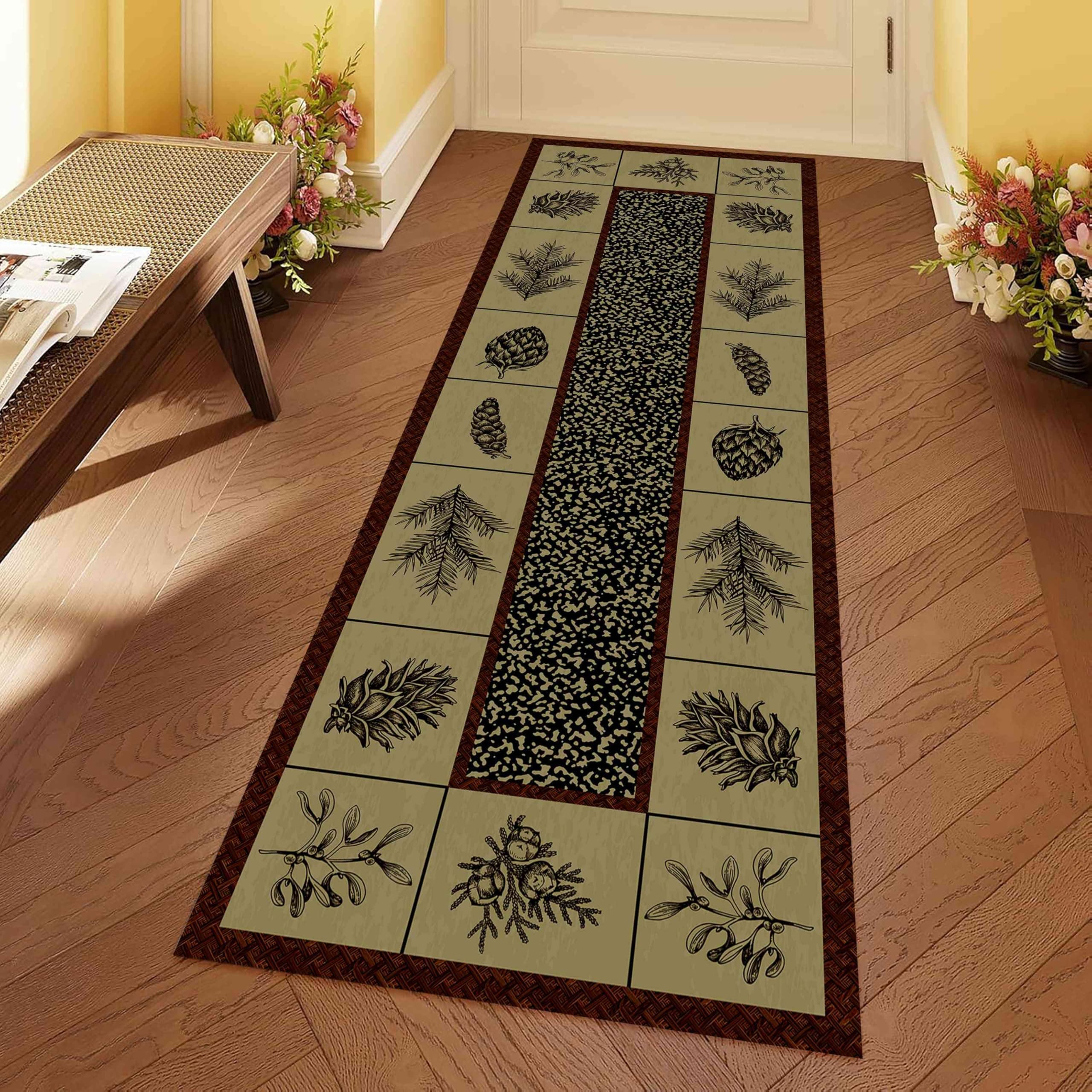 Country Leaf Long Runner Rug, 2x7ft, Pine Cone Pine Needle Branch Classical Geometric Entrance Carpet Mat, Washable Non-Shedding Non-Slip Carpet for Laundry Room Porch Office Corridor