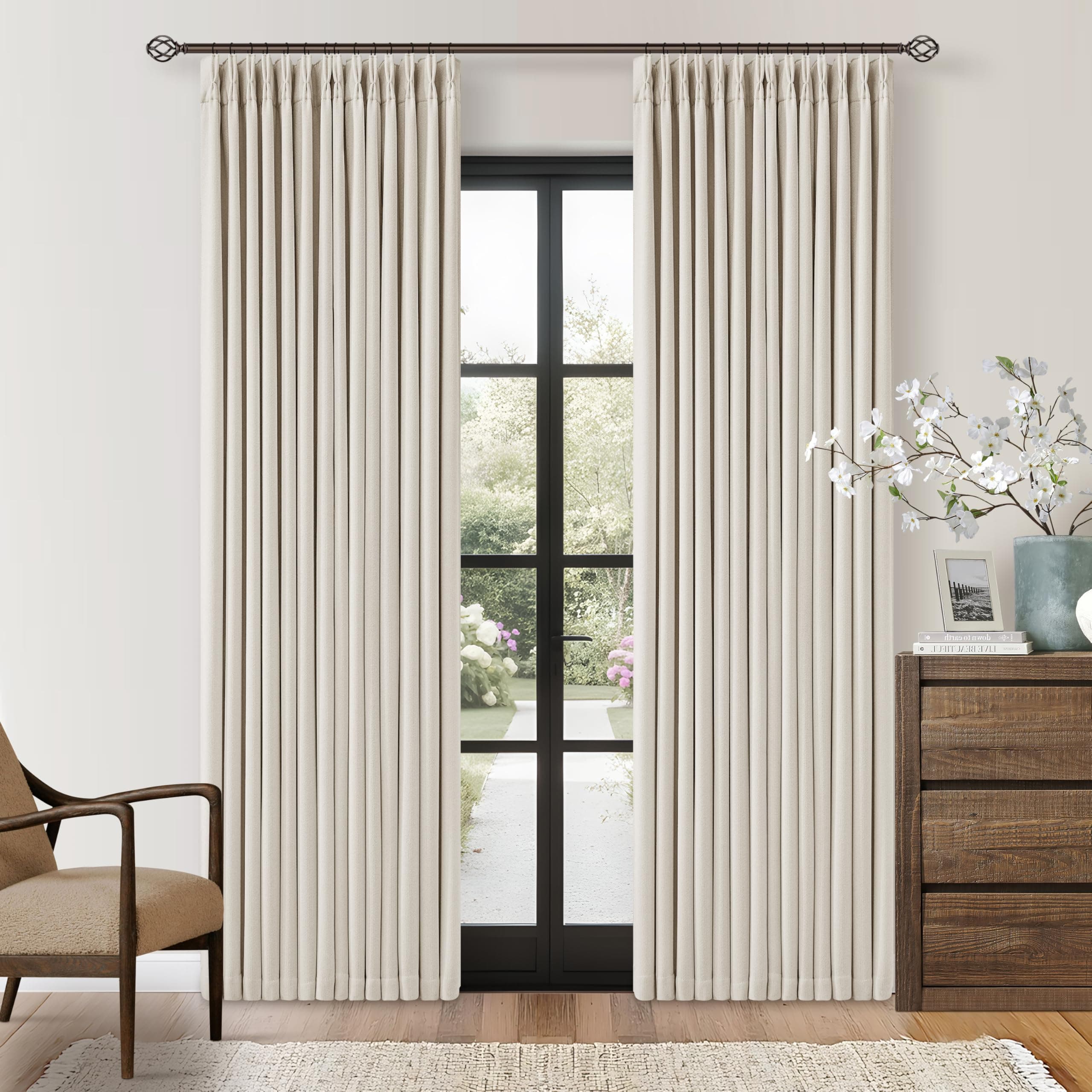 80 Inch Pinch Pleated Linen Black Out Curtains with Liner 2 Panels Natural