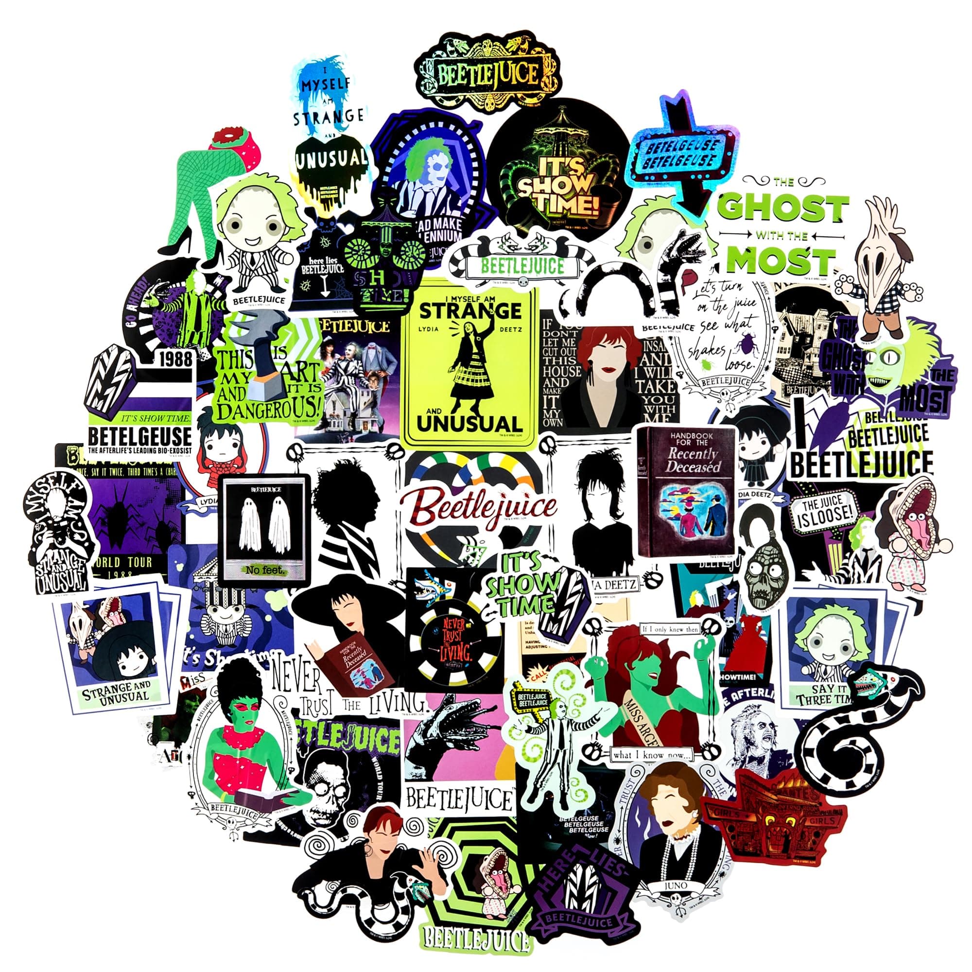 Conquest Journals Beetlejuice Never Trust The Living Decal Pack, 60-Pack Unique Vinyl Stickers, 5 Hologram Sticker Decals, Waterproof, UV & Scratch Resistant, Great for Gadgets, Officially Licensed