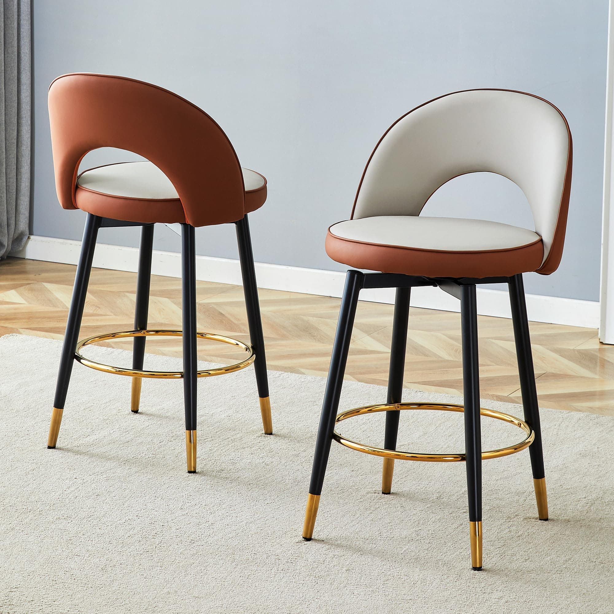 EXVQMU Bar Stools Set of 2, Modern Faux Leather Barstools with Backrest and Metal Legs, 360° Swivel Counter Stools 25-inch Seat Height for Kitchen Island, Coffee Bar (Gray+Brown, Set of 2)