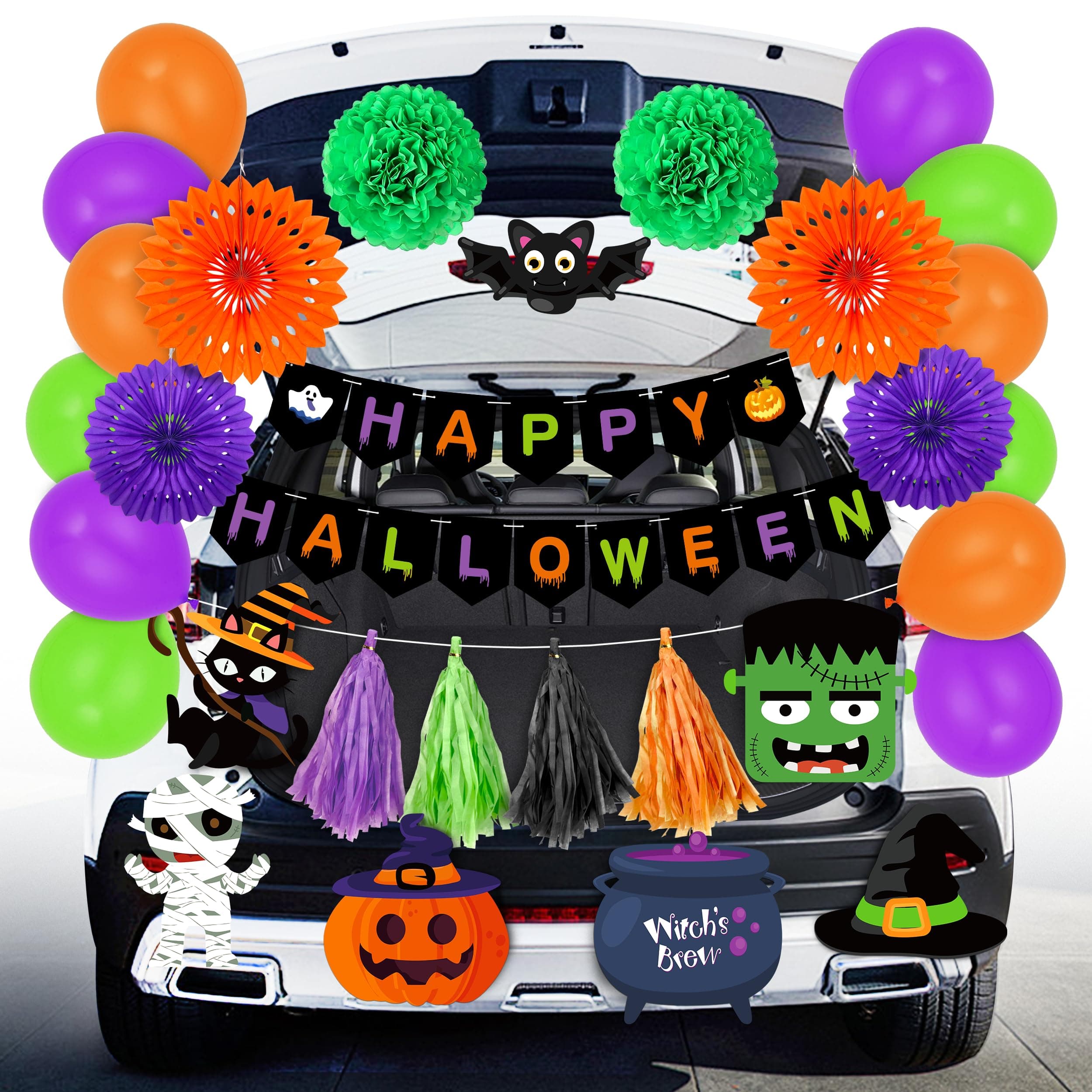 LINAYE Trunk or Treat Car Decorations Kit with Happy Halloween Banner, Balloons, Paper Fans, Tassel, Halloween Trunk or Treat Car Decor Decorations for SUV Truck