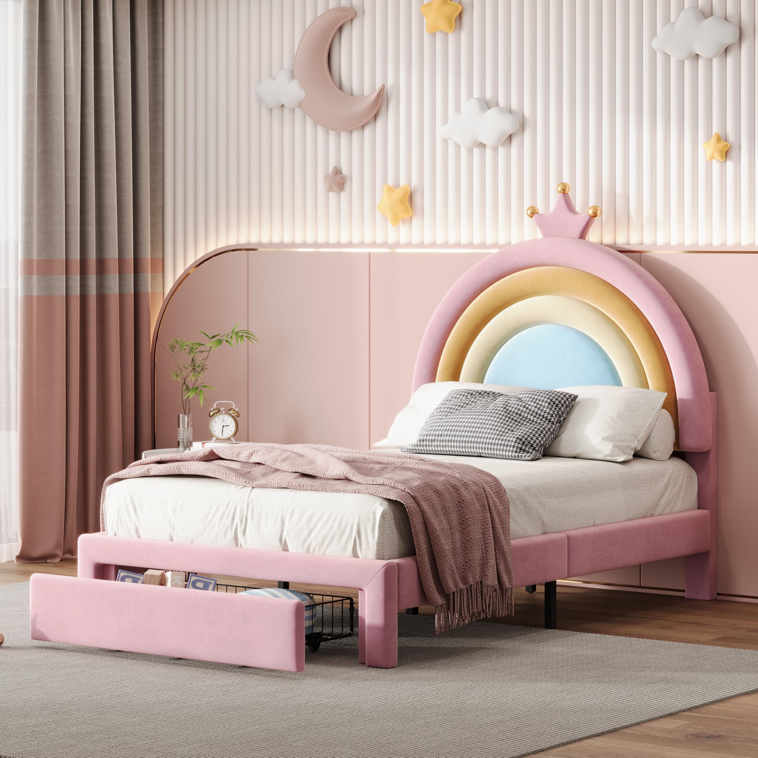 DERCASS Upholstered Rainbow Design Bed, Velvet Princess Platform Bed with Storage Drawer for Bedroom,No Box-Spring Needed (Colorful and Pink, Twin)