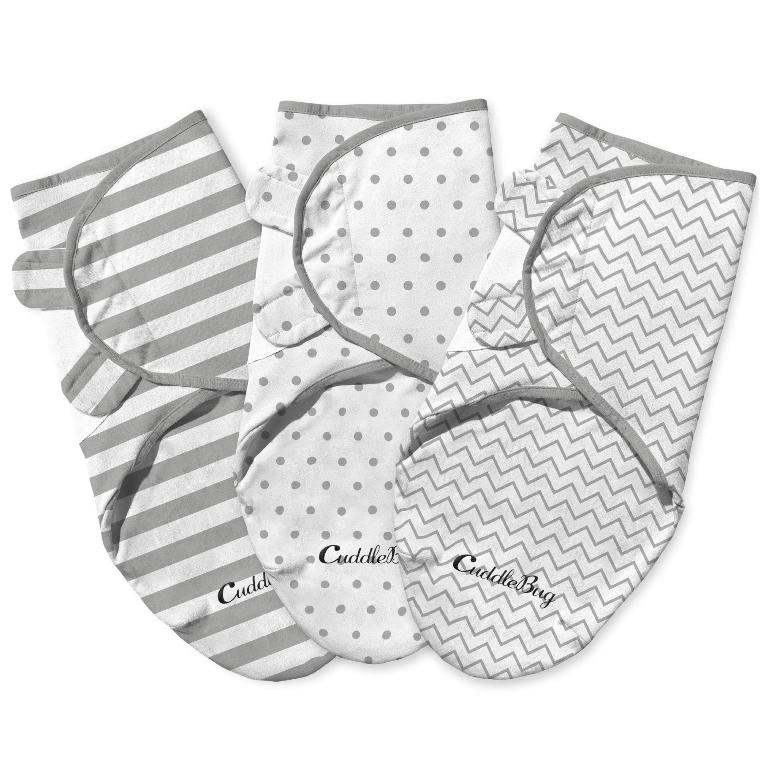 CuddleBug Velcro Baby Swaddles 0-3 Months, Cotton 3-Pack, Spots & Stripes