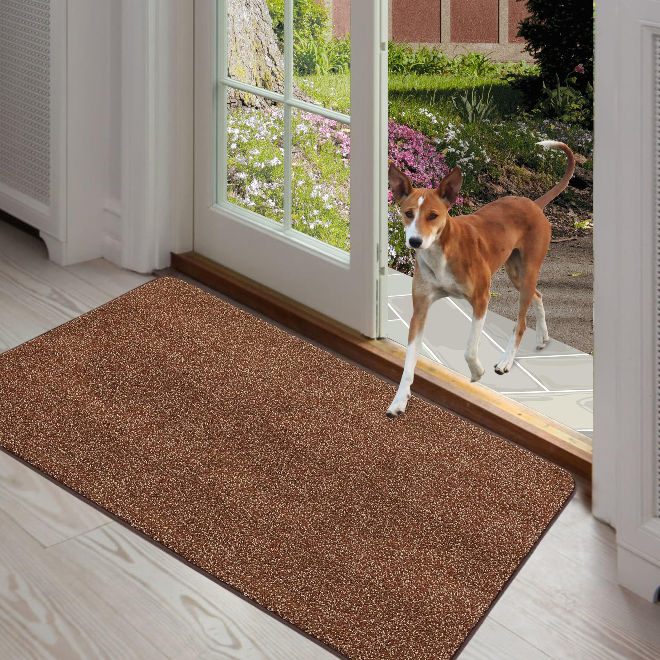 Non-Slip Entrance Door Mat - Polyester Door Rug for Indoor & Outdoor Use, Washable & Absorbent Entryway Mats for Front Door, 24 x35 Inches Brown & Camel