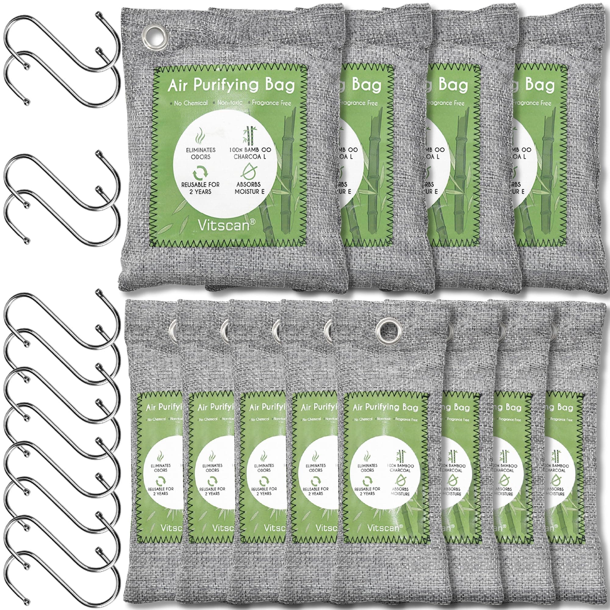 12 Pack Bamboo Charcoal Air Purifying Bag, Activated Charcoal Bags Odor Absorber, Moisture Absorber, Natural Car Air Freshener, Shoe Deodorizer, Odor Eliminators For Home, Pet, Closet (8x50g, 4x200g)
