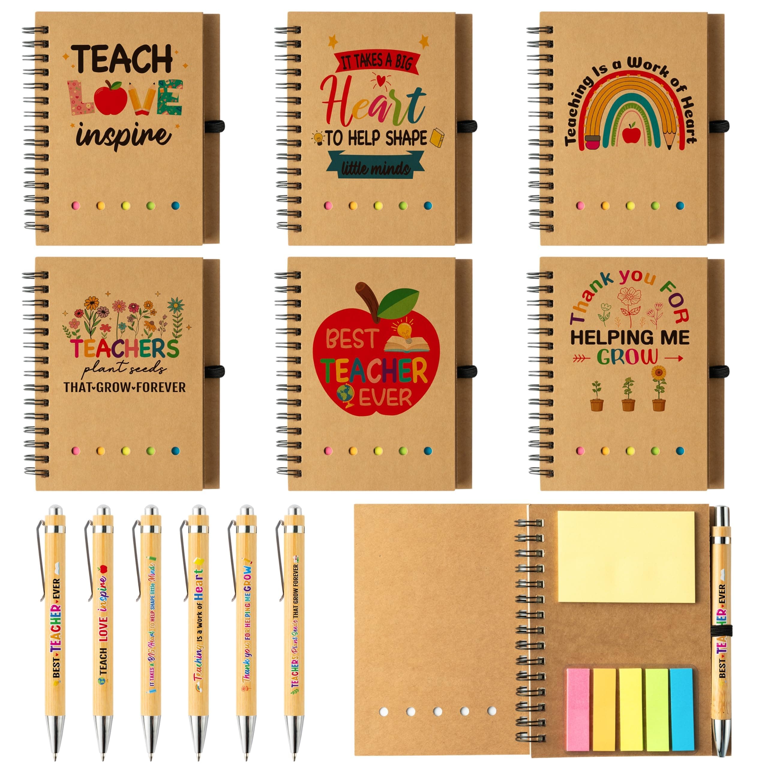 ANGOLIO Teacher Appreciation Gift Bulk - 6Set Summer Gift Thank You Spiral Notebooks with Sticky Notepads Ballpoint Pens for Women Men Teachers' Day Graduation Retirement Back to School Birthday Gifts