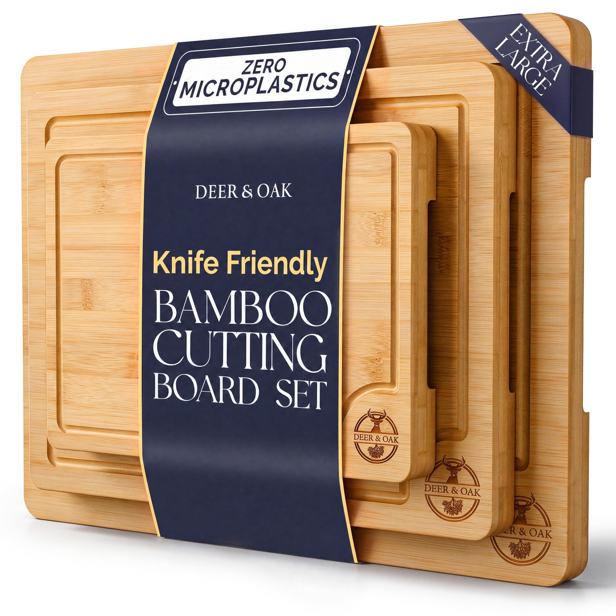 Deer & Oak 3-Piece Bamboo Chopping Board Set, Pre-Oiled Wooden Cutting Chopping Boards for Kitchens 33x24cm, 28x20cm, 22x15cm, with Side Handle and Grooves