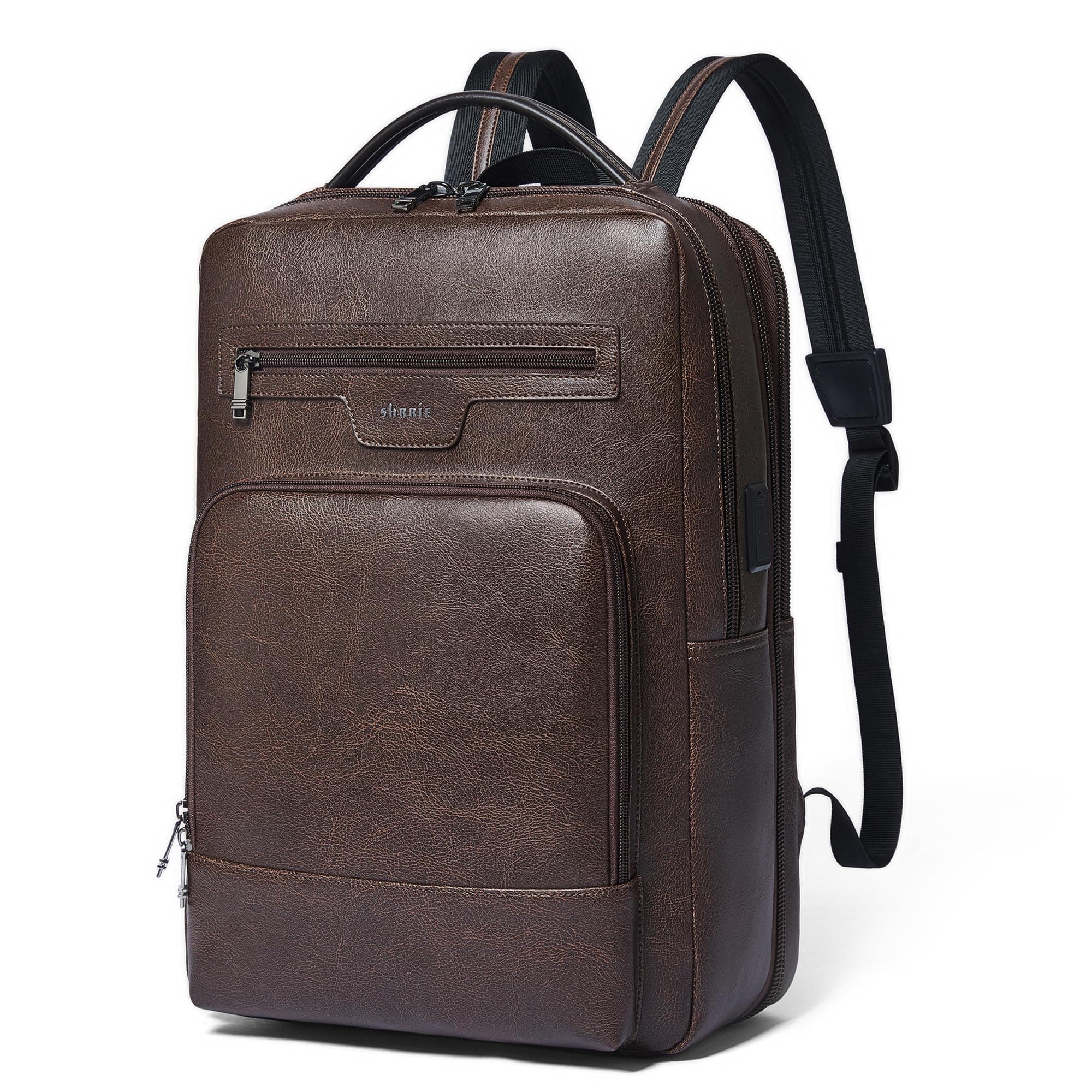 Shrrie Leather Laptop Backpack for Women and Men,28 L Travel Backpack Computer Bag Fits 16 inch Laptop,Expandable Casual Daypack with USB Charging Port for Work Business Weekender College,Black