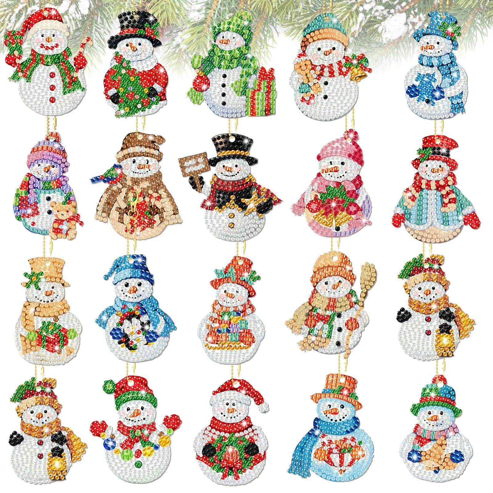 Tondiamo 20 Pcs Christmas Diamond Painting Keychain Kits 5D DIY Diamond Art Pendants Double Sided Hanging Key Chains for Christmas Party Decoration DIY (Snowman)