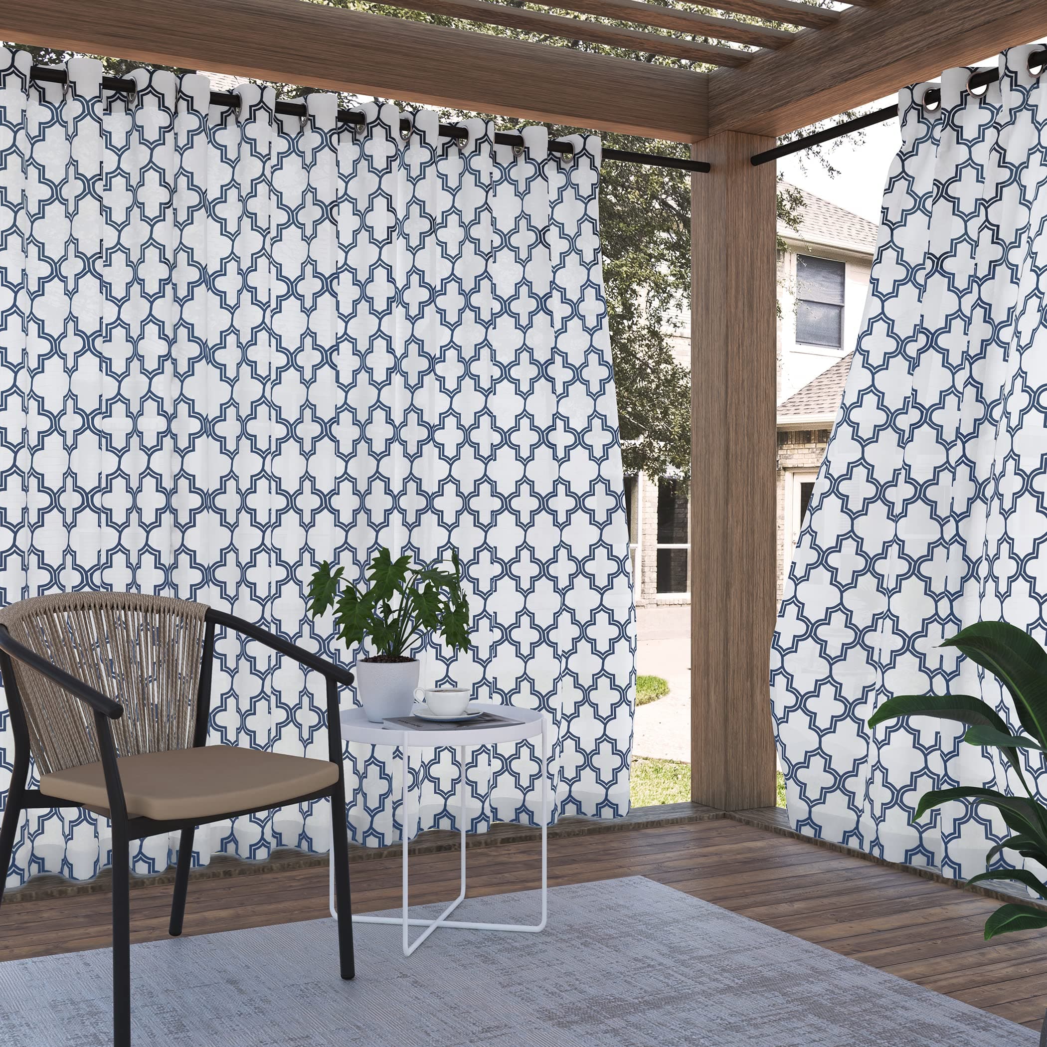 Sun Zero Ria Trellis Print Indoor/Outdoor UV Protectant Energy Efficient Grommet Curtain Panel, 54" x 84", Indigo
