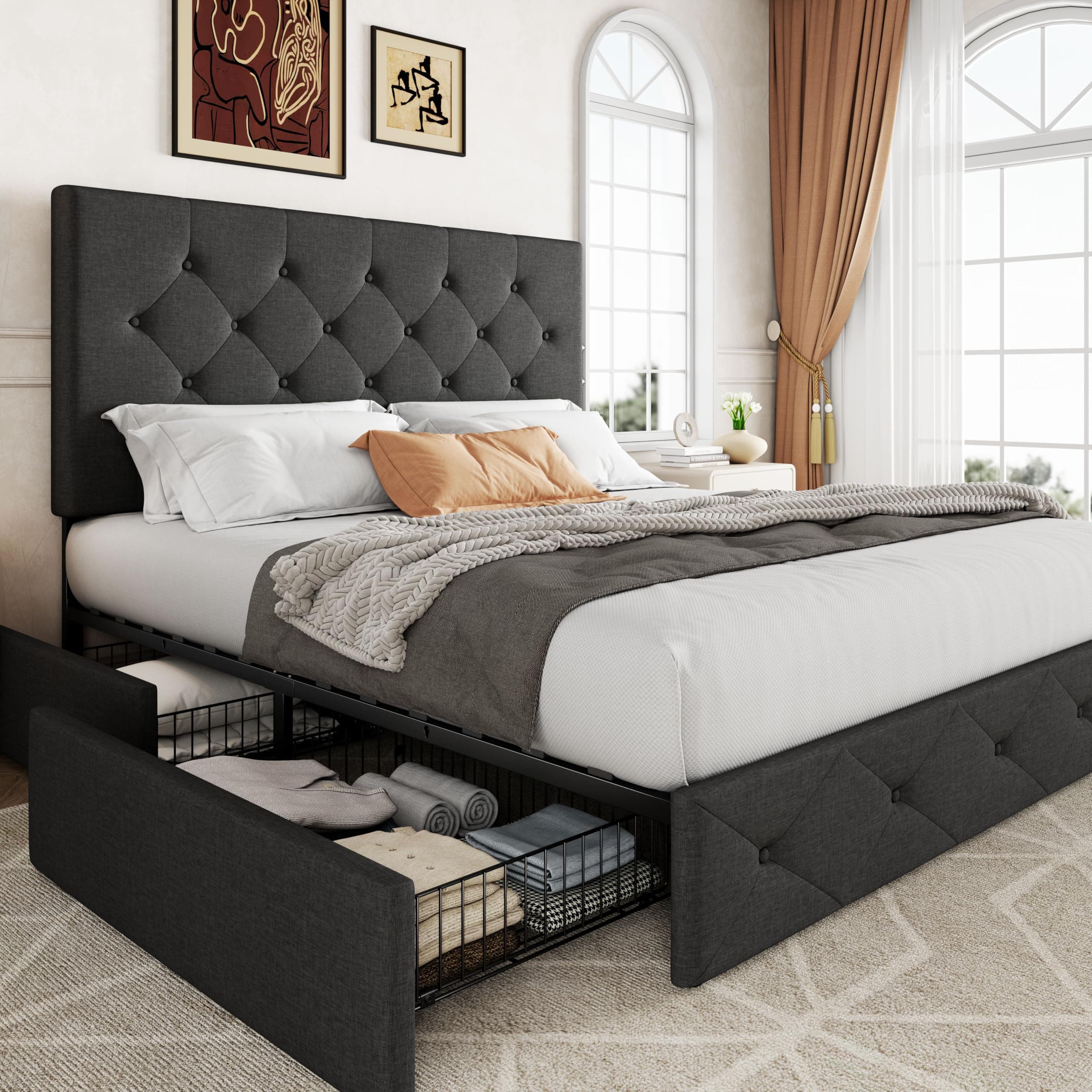 Allewie Upholstered Queen Size Platform Bed Frame with 4 Storage Drawers and Adjustable Headboard, Diamond Stitched Button Tufted, Wooden Slats Support, No Box Spring Needed, Dark Grey