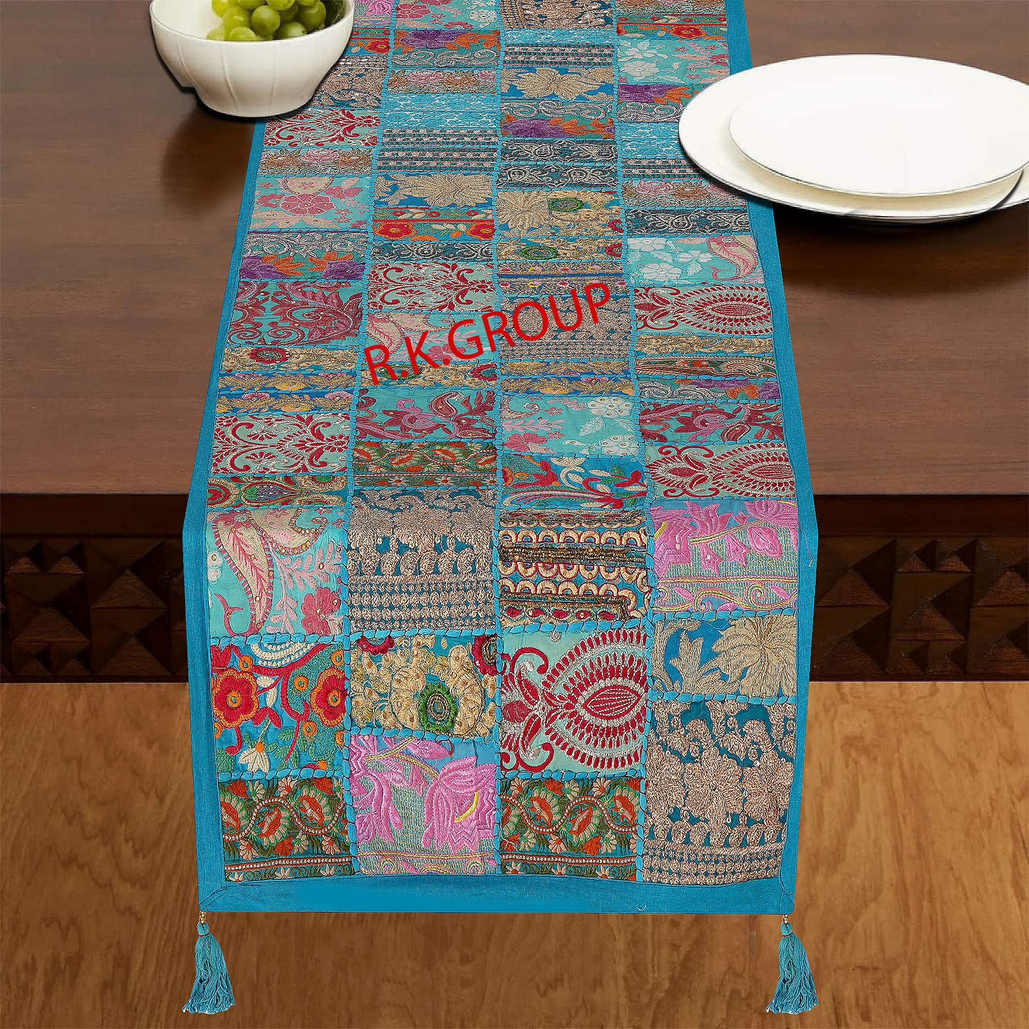 Rajasthani Handmade Table Runner Indian Design Embroided Cotton Ethnic Runner Indian Patchwork Table and Home Decor for Every Occasion (60X16) (Turquies)