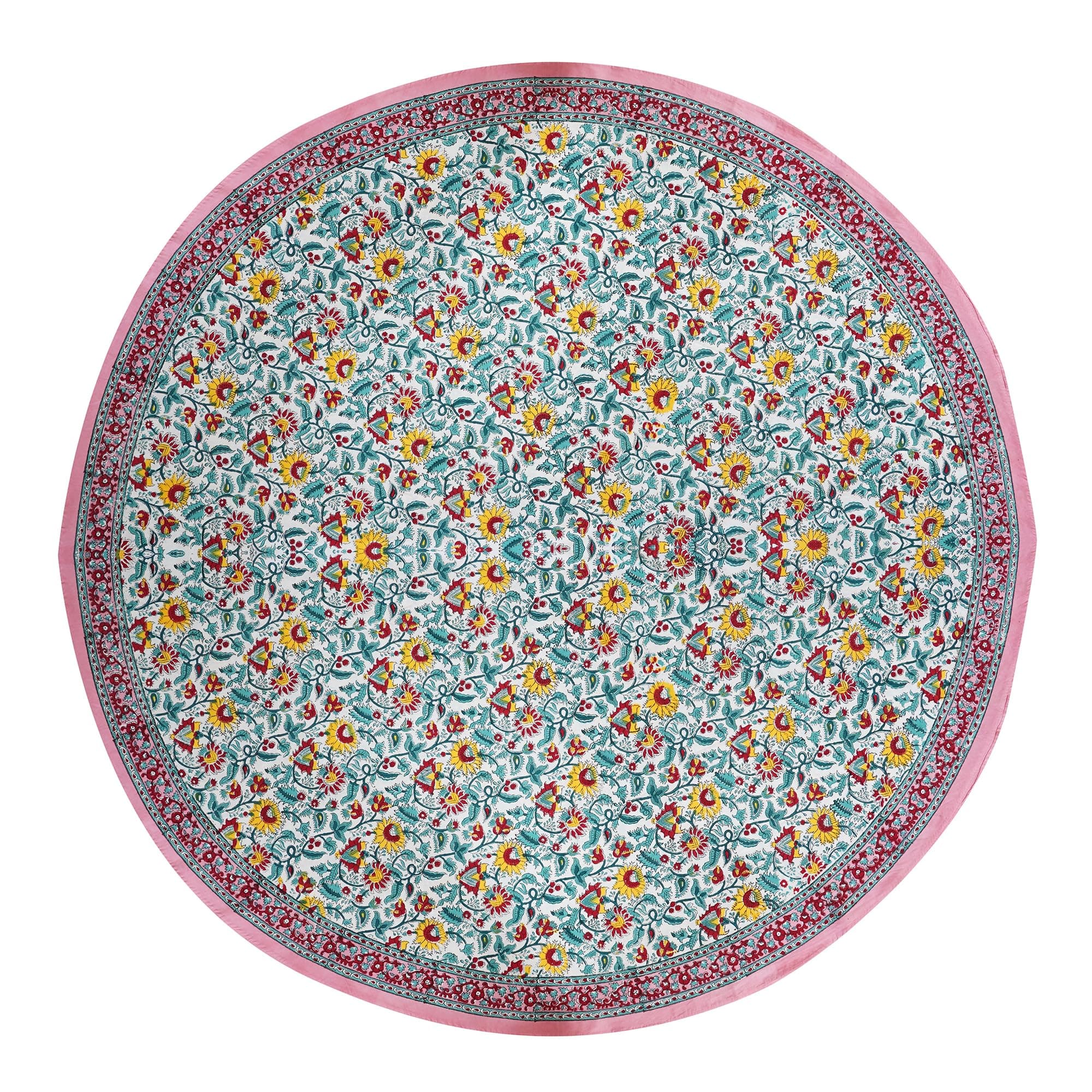 Sophia-Art Round 90" 6 Seater Outdoor Cotton Hand Block Printed Tablecloth for Patio Camping Holiday Party Washable Indoor Kitchen Table Cover (34-Flower Pattern)