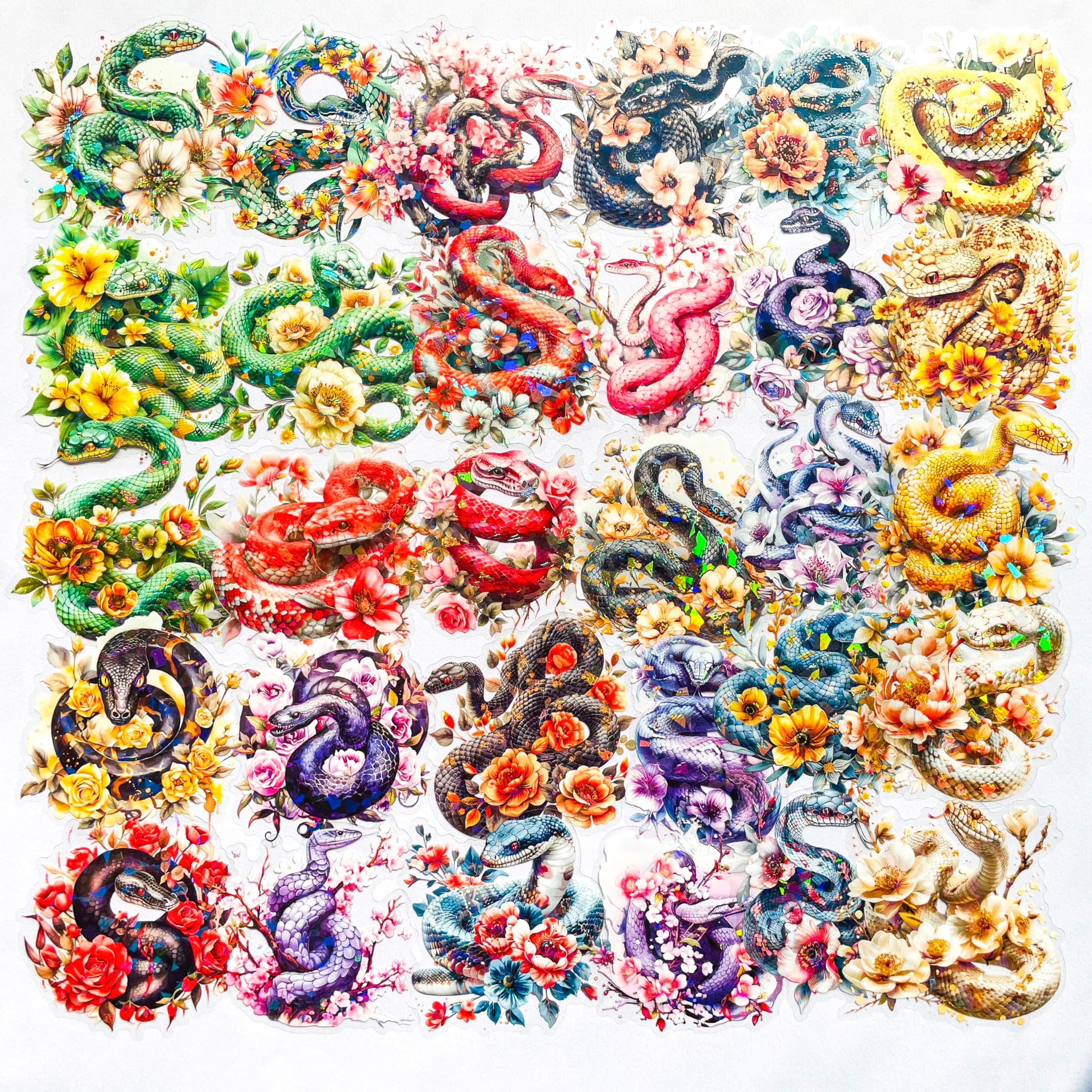 30-Pack Large Holographic Floral Snake Reptile Clear Scrapbook Stickers – Vibrant Serpent Decals with Flowers for Journals, Laptops, Water Bottles, Resin Art Projects