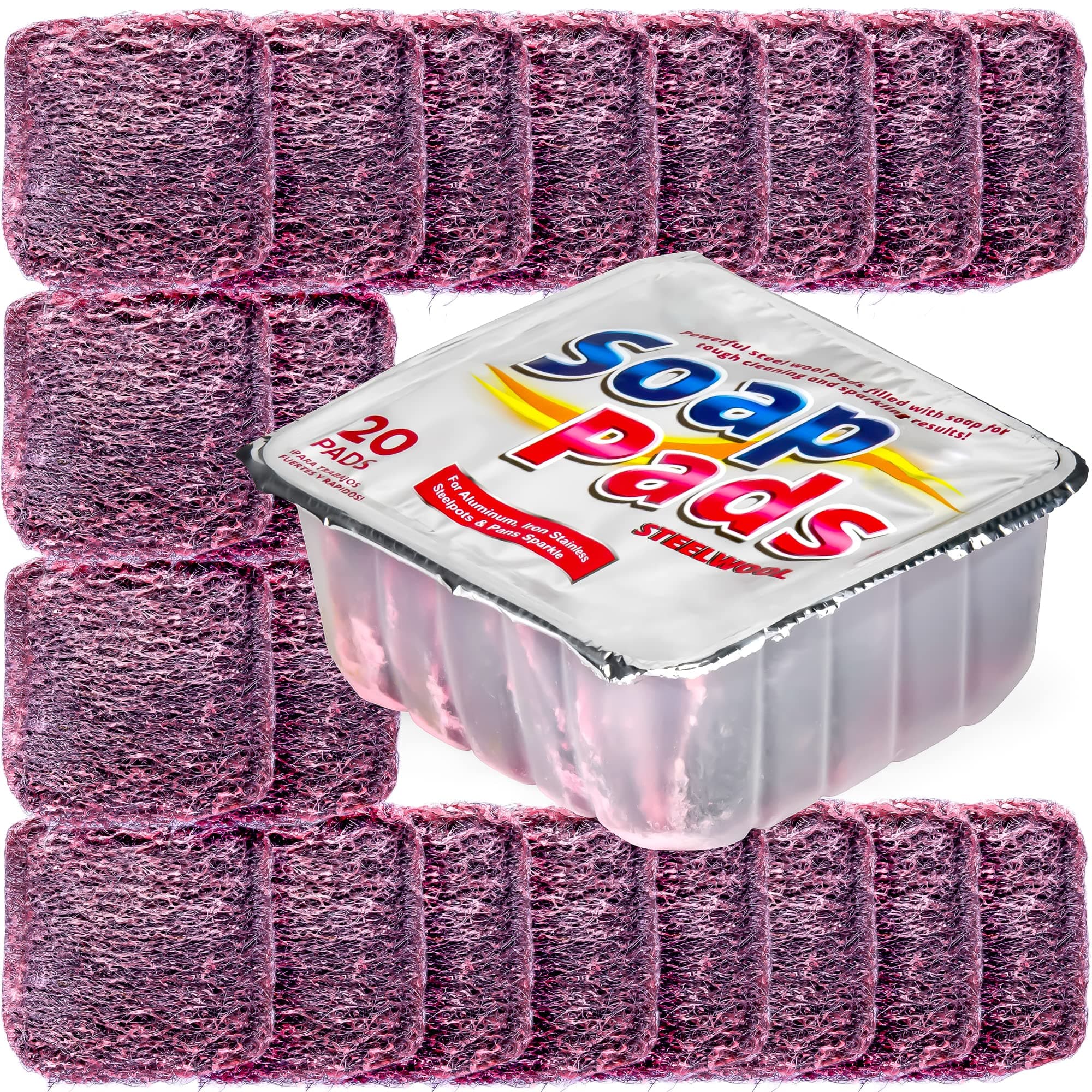 SteadMax 20 Steel Wool Soap Pads, Pre-Soaped Metal Scouring Pads for Easy Cleaning of Pots, Pans, Ovens and Dishes (20 Pack)