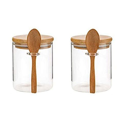 Mautacly 2Pcs with Bamboo Lid and Spoon Clear Glass Canister Jar for Kitchen Storag